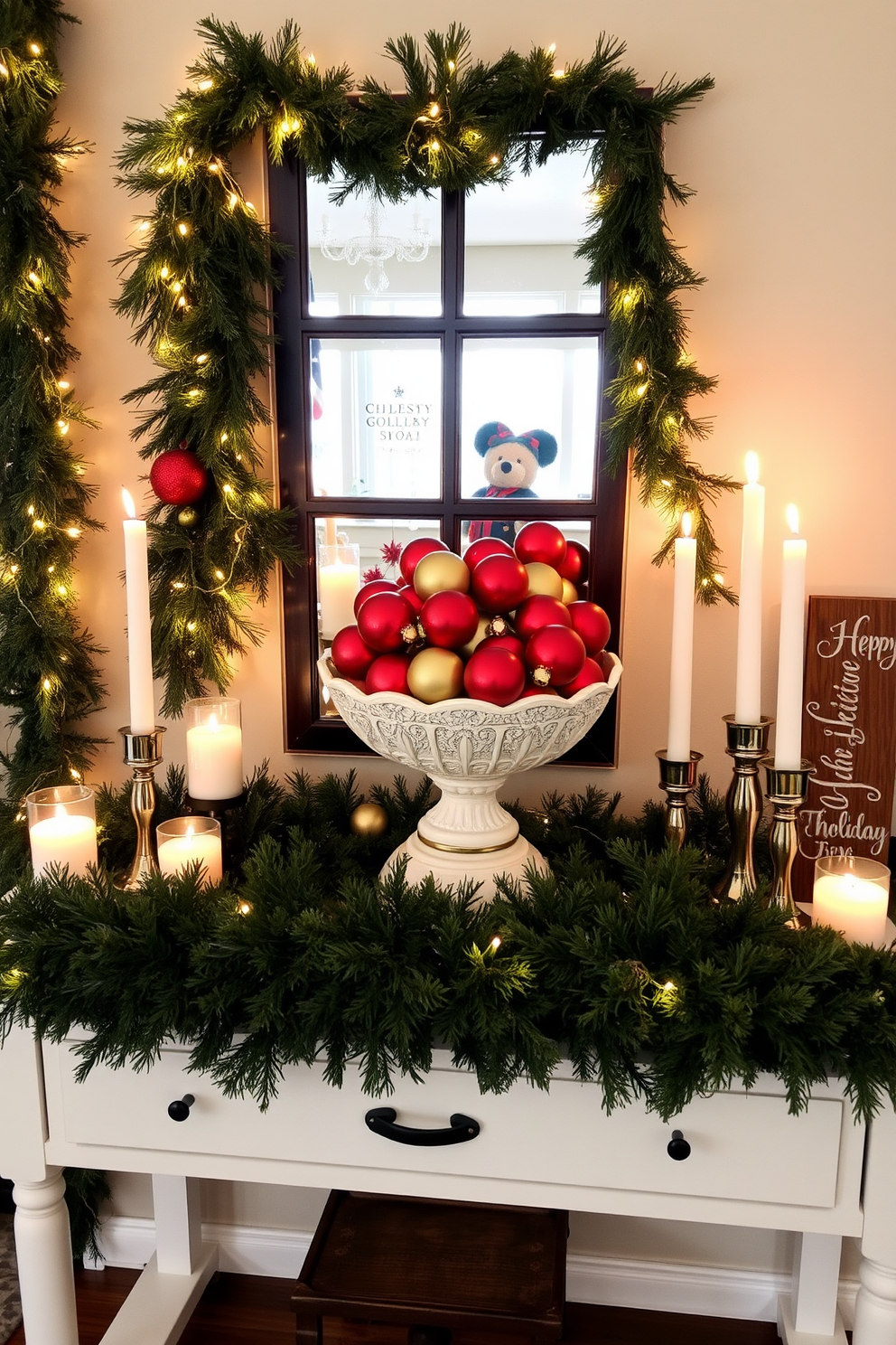 A festive entryway table is adorned with a lush evergreen garland, intertwined with twinkling fairy lights. At the center, a large, decorative bowl filled with vibrant red and gold ornaments adds a touch of elegance and holiday cheer. Surrounding the centerpiece are carefully arranged candles of varying heights, casting a warm glow. A small wooden sign with a cheerful holiday message leans against the wall, completing the inviting atmosphere.