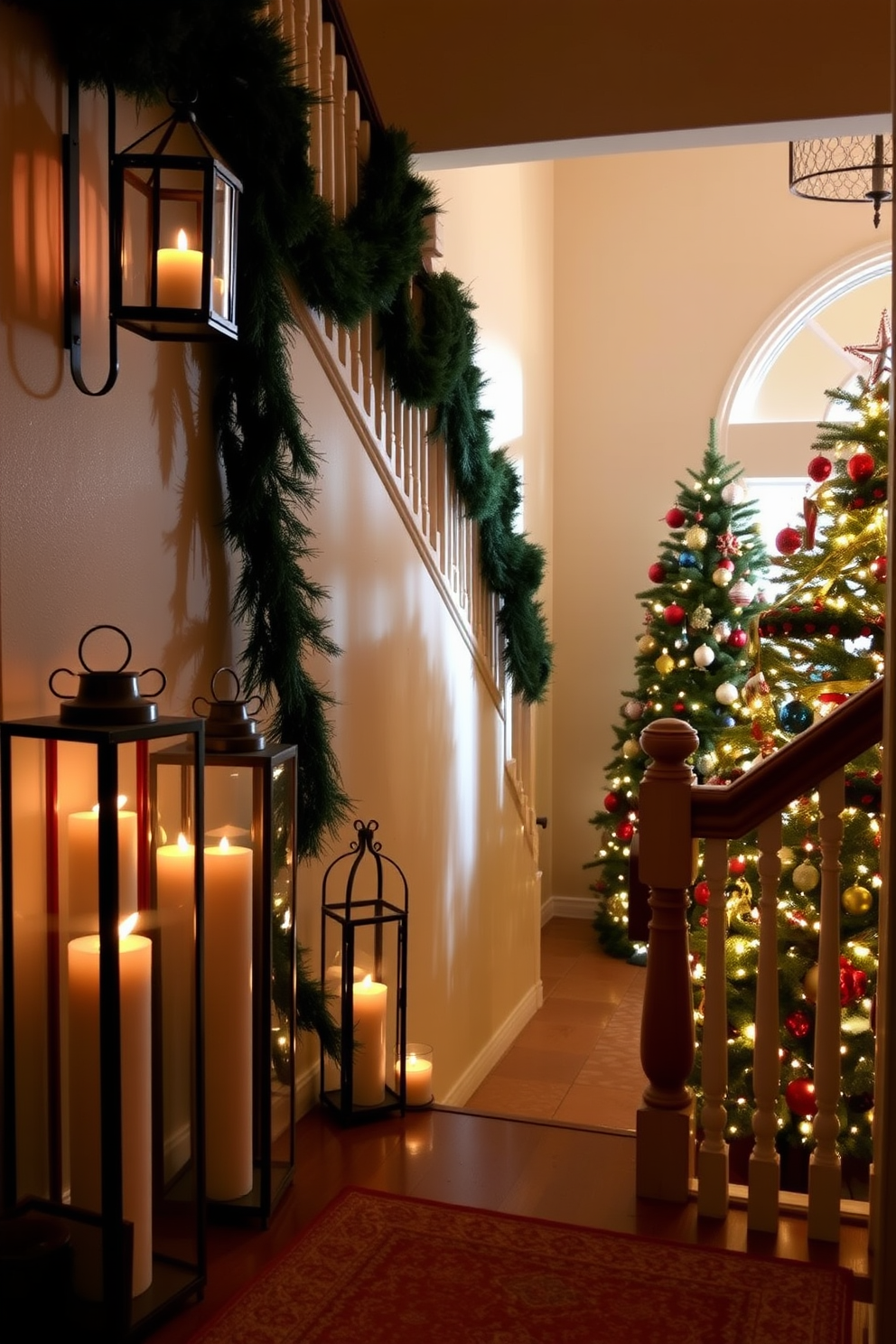 A cozy entryway adorned with festive decorations. Lanterns filled with flickering candles provide a warm glow, casting soft shadows on the walls. Evergreen garlands drape elegantly along the staircase railing. A beautifully decorated Christmas tree stands in the corner, adorned with twinkling lights and colorful ornaments.