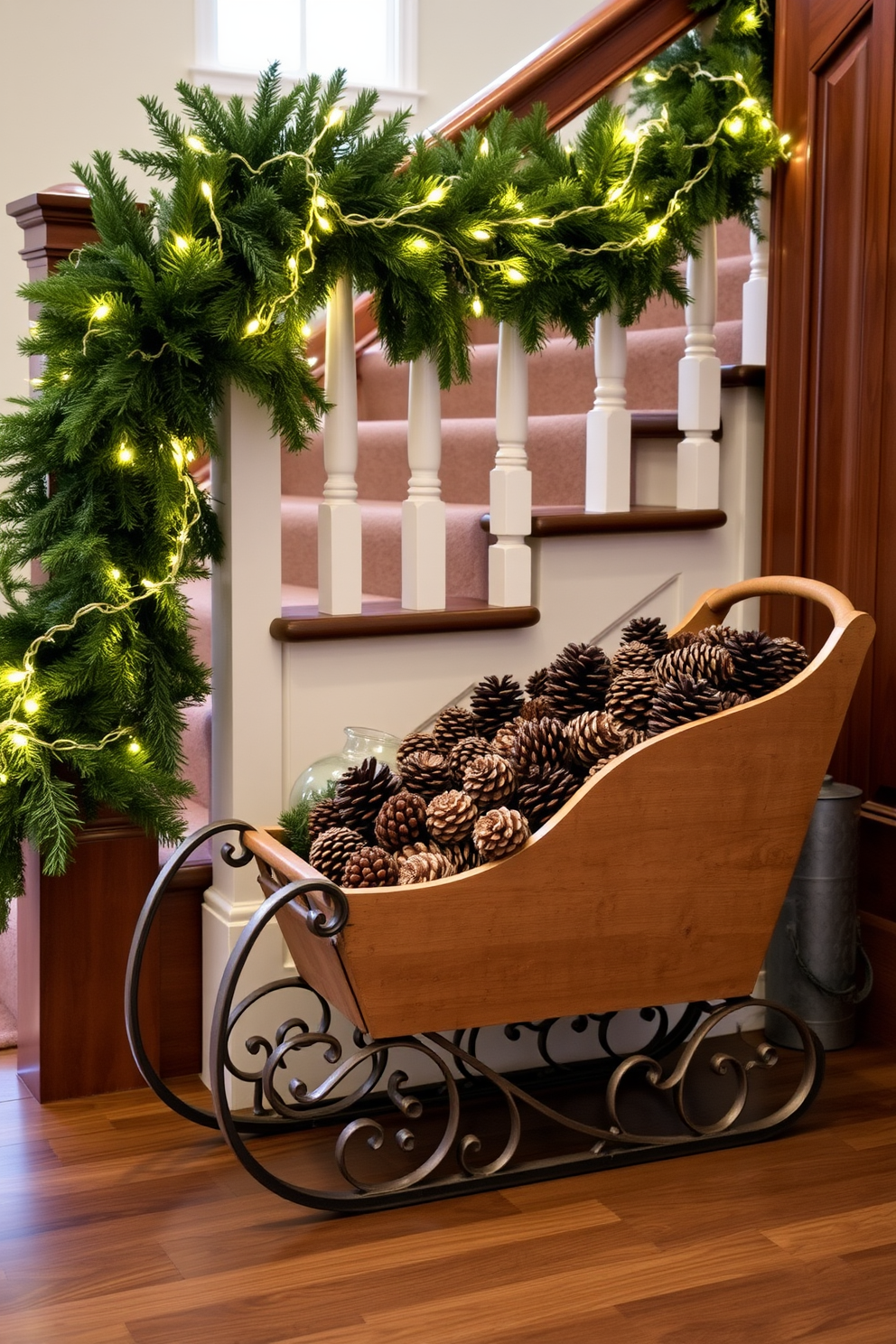 A beautifully decorated entryway features a charming decorative sleigh overflowing with an assortment of pinecones, evoking a warm, festive atmosphere. The sleigh is positioned against a backdrop of a softly lit, evergreen garland draped along the staircase railing, with twinkling fairy lights adding a magical touch.