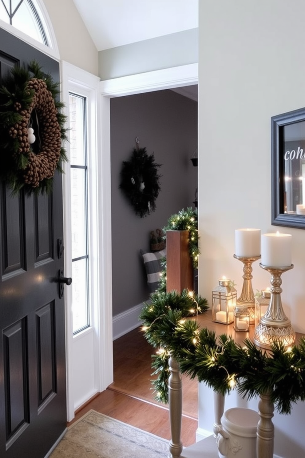 A beautiful entryway adorned for the holidays features a rustic pinecone wreath hanging on the front door, adding a touch of natural charm. Inside, the space is enhanced with twinkling fairy lights draped along the staircase railing, complemented by a festive garland that wraps around the entryway console table.