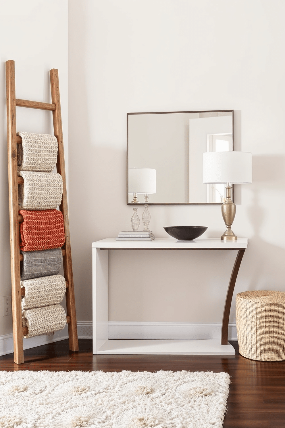 A decorative ladder stands elegantly against the wall, crafted from reclaimed wood with a natural finish. It holds an assortment of cozy, textured blankets in neutral tones, adding warmth and style to the space. The entryway features a stunning console table with a sleek design, topped with a stylish lamp and a decorative bowl. A large mirror above the table reflects light, making the space feel open and inviting, while a plush rug anchors the area beneath.