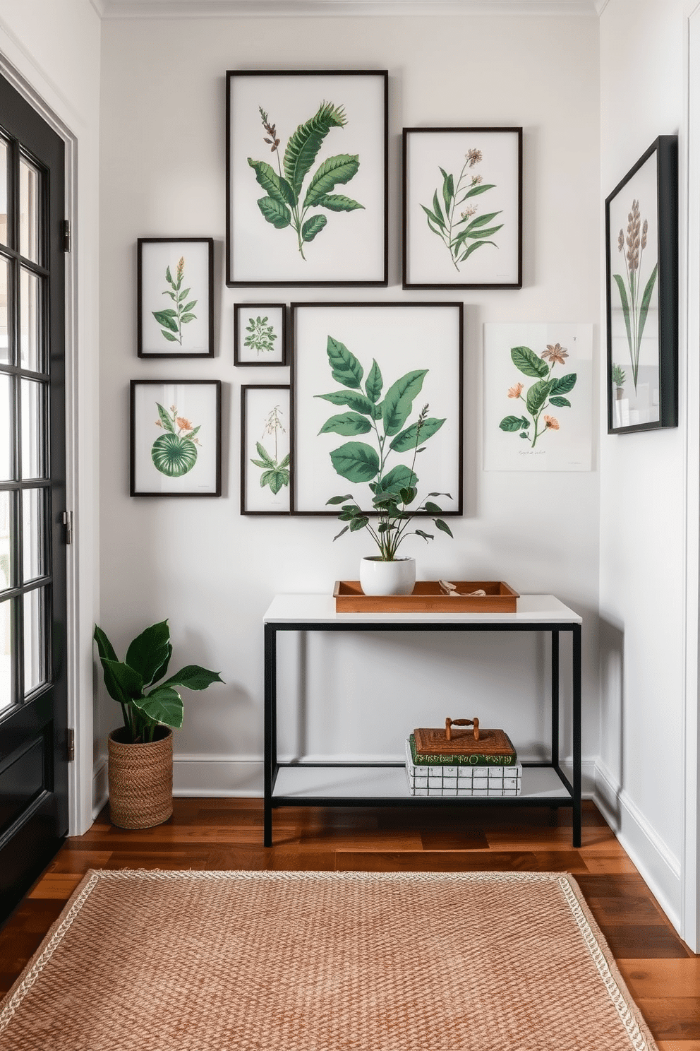 A stylish entryway adorned with botanical prints that bring nature indoors. The walls are decorated with a series of framed botanical artworks, showcasing vibrant greens and delicate florals. A sleek console table sits against the wall, topped with a small potted plant and a decorative tray. The flooring is a warm wood, complemented by a textured area rug that adds warmth and comfort to the space.