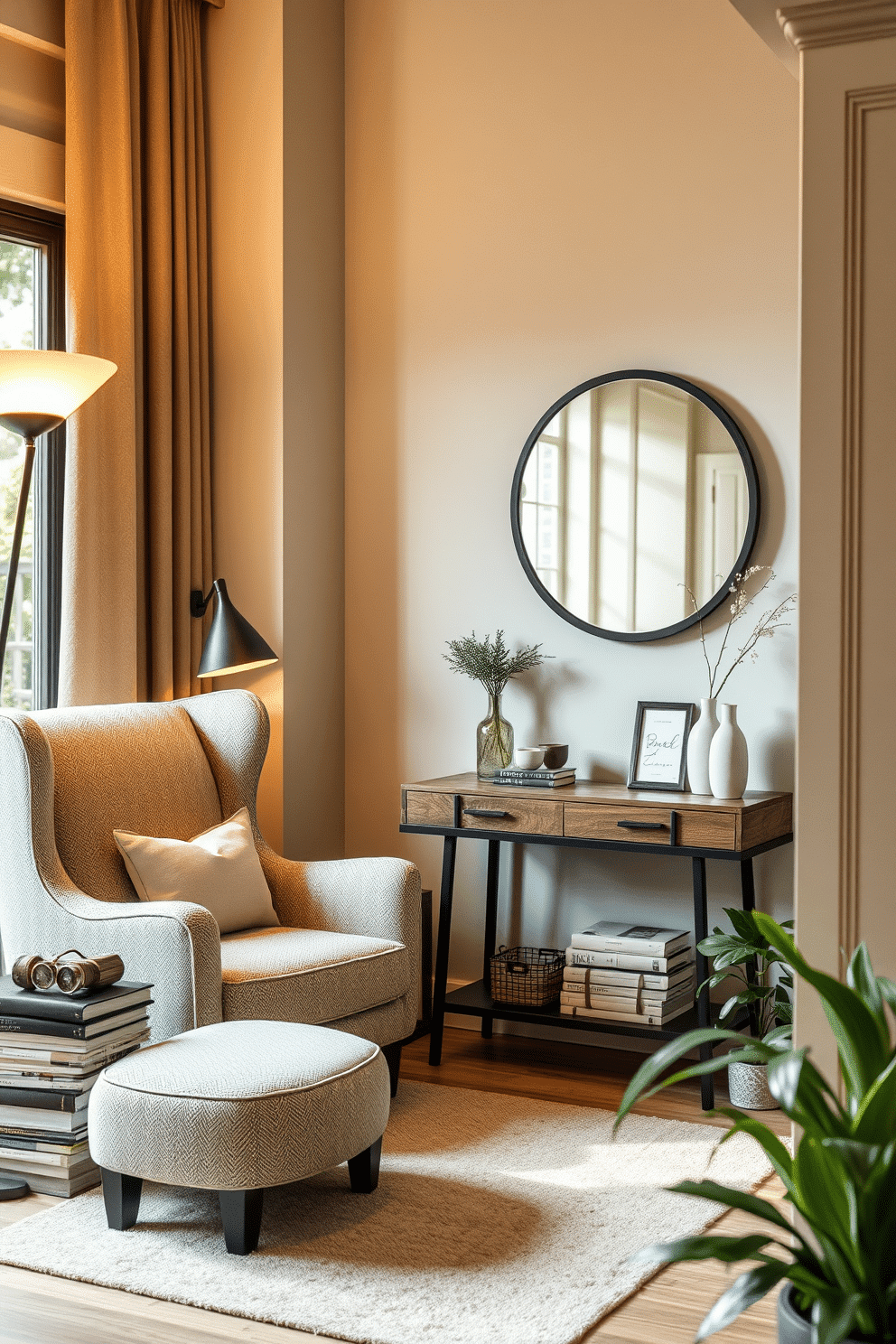 A plush accent chair upholstered in a soft, textured fabric sits in a cozy reading nook, positioned next to a small side table with a steaming cup of tea. A floor lamp with a warm glow illuminates the space, while a large window drapes natural light across a collection of books stacked nearby. The entryway features a stylish console table adorned with decorative items and a large round mirror above it, creating a welcoming focal point. A soft area rug lies beneath, and potted plants flank the entrance, adding a touch of greenery and warmth to the space.