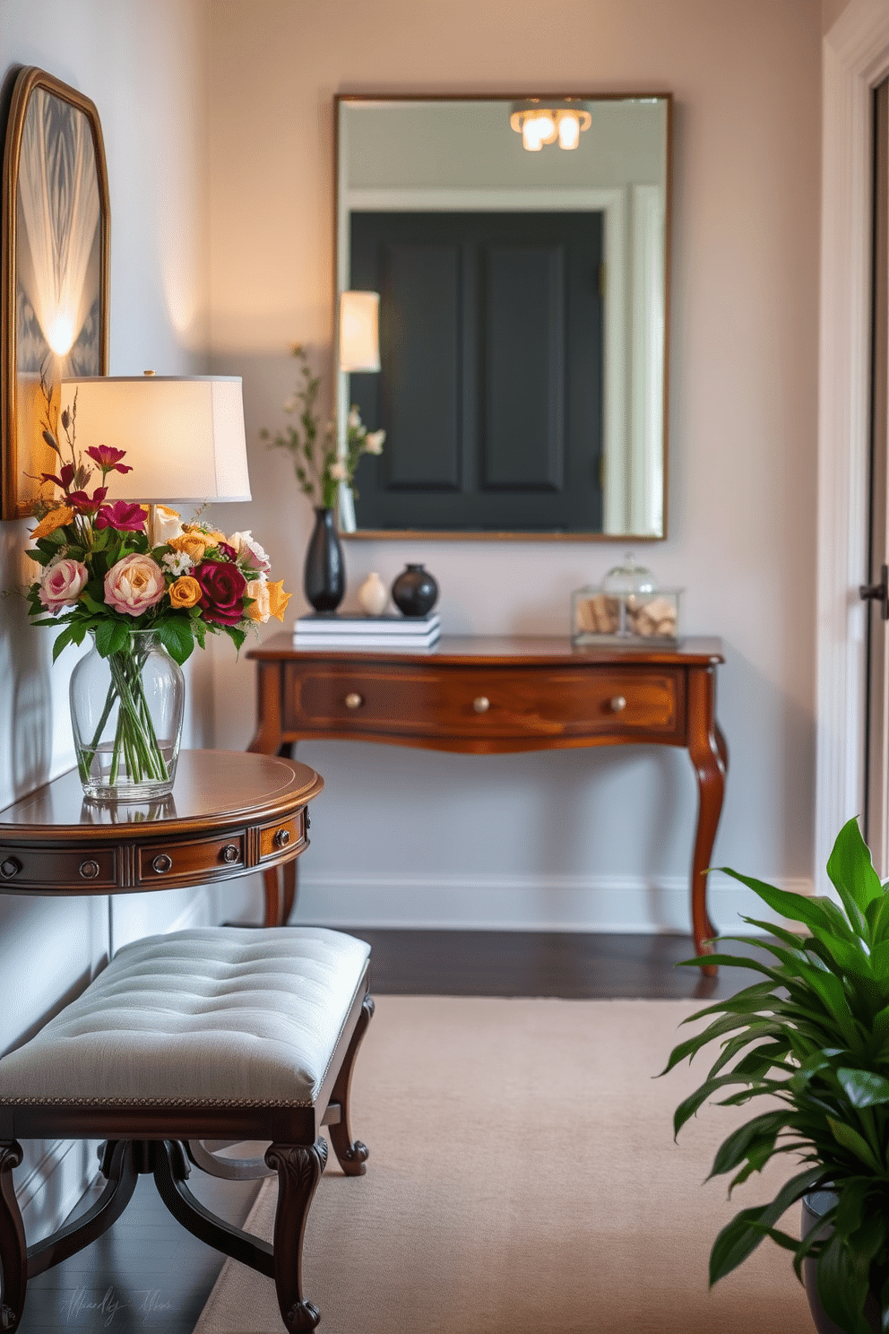 Elegant side table with fresh flowers. The table is made of polished mahogany, featuring intricate carvings along the edges. A vibrant bouquet of mixed seasonal flowers is arranged in a clear glass vase, adding a pop of color. Soft, ambient lighting from a nearby lamp casts a warm glow, enhancing the inviting atmosphere. Entryway design ideas. The space showcases a stylish console table with a sleek design, adorned with decorative items and a large mirror above it. A plush runner rug in muted tones leads to the door, while a small bench provides seating for convenience. Potted greenery flanks the entrance, bringing a touch of nature indoors.