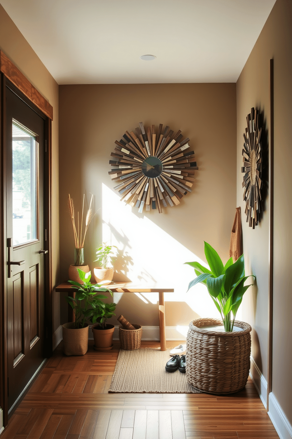 A welcoming entryway featuring sustainable materials, including bamboo flooring and reclaimed wood accents. The space is illuminated by natural light streaming through a large window, highlighting a handmade bench and a collection of potted plants. The walls are painted in soft earth tones, complemented by a striking piece of artwork made from recycled materials. A woven basket sits by the door, inviting guests to store their shoes and accessories in an eco-friendly manner.