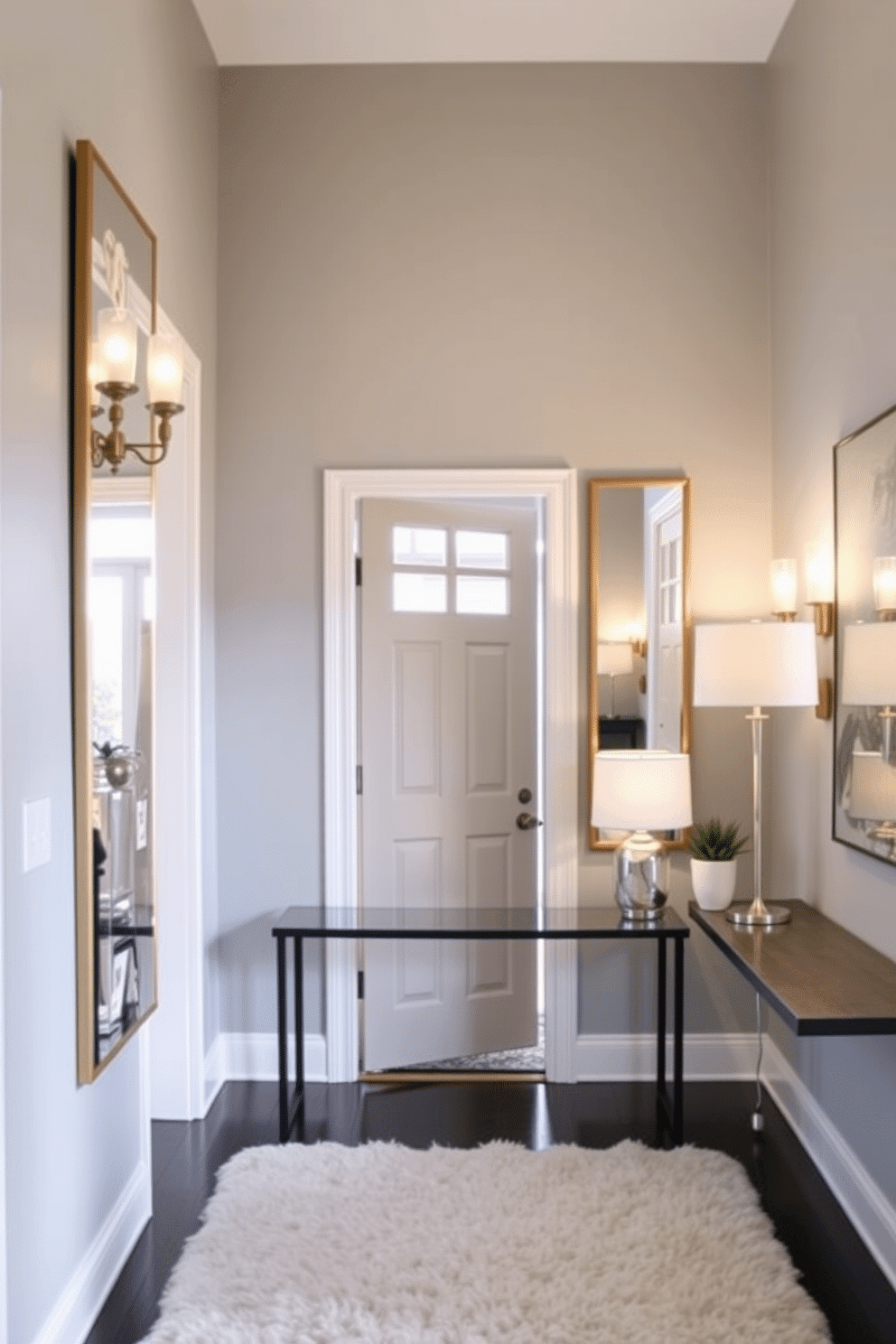 A welcoming entryway featuring layered lighting with elegant sconces flanking the door and stylish lamps on a console table. The walls are painted in a soft gray, adorned with a large mirror that reflects natural light, while a plush area rug adds warmth to the space.