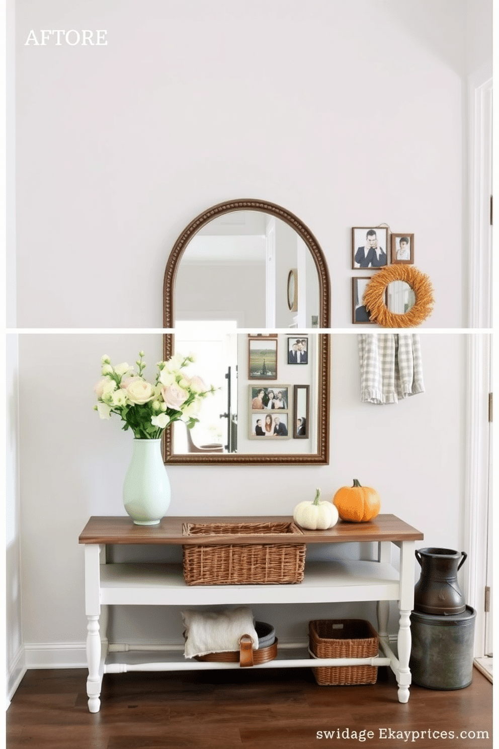 A cozy entryway featuring a stylish console table adorned with seasonal decor updates. In spring, fresh flowers in a pastel vase complement a light, airy color palette, while in autumn, warm-toned pumpkins and a woven basket add a touch of seasonal charm. An inviting entryway design that showcases a combination of functional and aesthetic elements. A statement mirror above a rustic bench invites guests in, while a curated gallery wall of family photos adds a personal touch to the space.