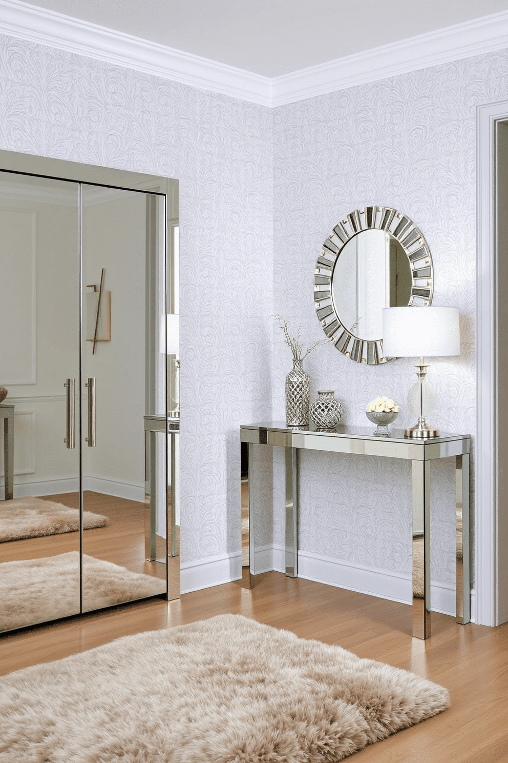 A stunning entryway featuring mirrored furniture that amplifies light reflection and creates a sense of spaciousness. The walls are adorned with soft gray wallpaper, and a sleek console table with a mirrored surface sits against the wall, topped with a stylish lamp and decorative accents. To the left, a full-length mirrored wardrobe adds elegance while providing functional storage. A plush area rug in neutral tones lies beneath, complementing the overall design and inviting guests into the home.