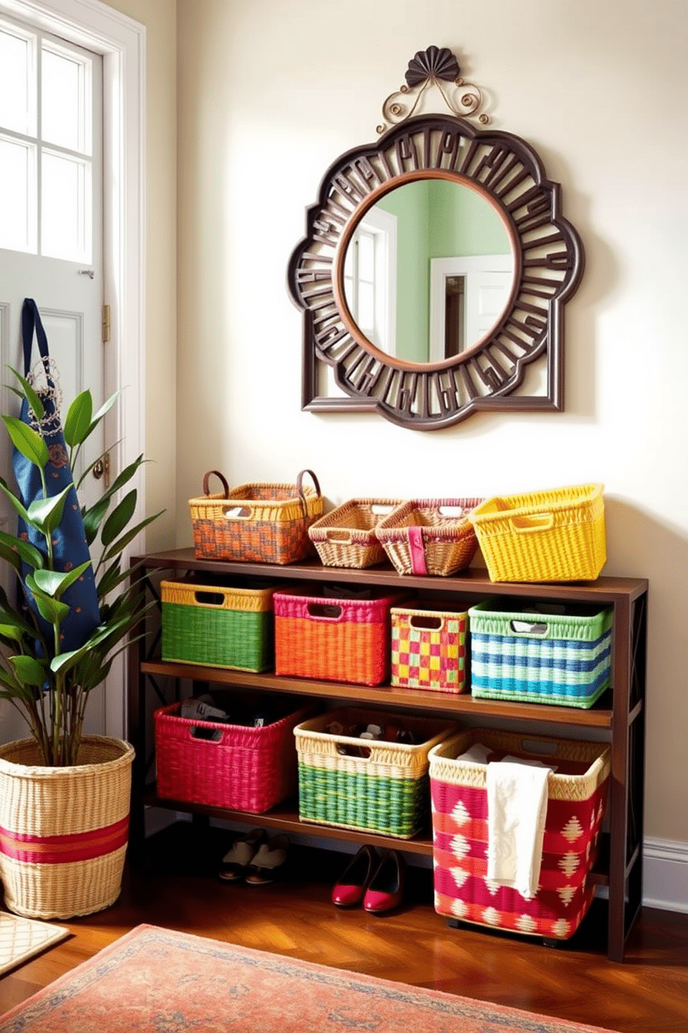 A vibrant entryway featuring colorful woven baskets arranged neatly on a wooden shelf. The baskets come in various sizes and patterns, adding a playful touch to the space while providing stylish storage for shoes and accessories. The walls are painted in a soft, welcoming hue, complemented by a statement mirror with a decorative frame above a small console table. A potted plant sits beside the table, enhancing the inviting atmosphere of the entryway.