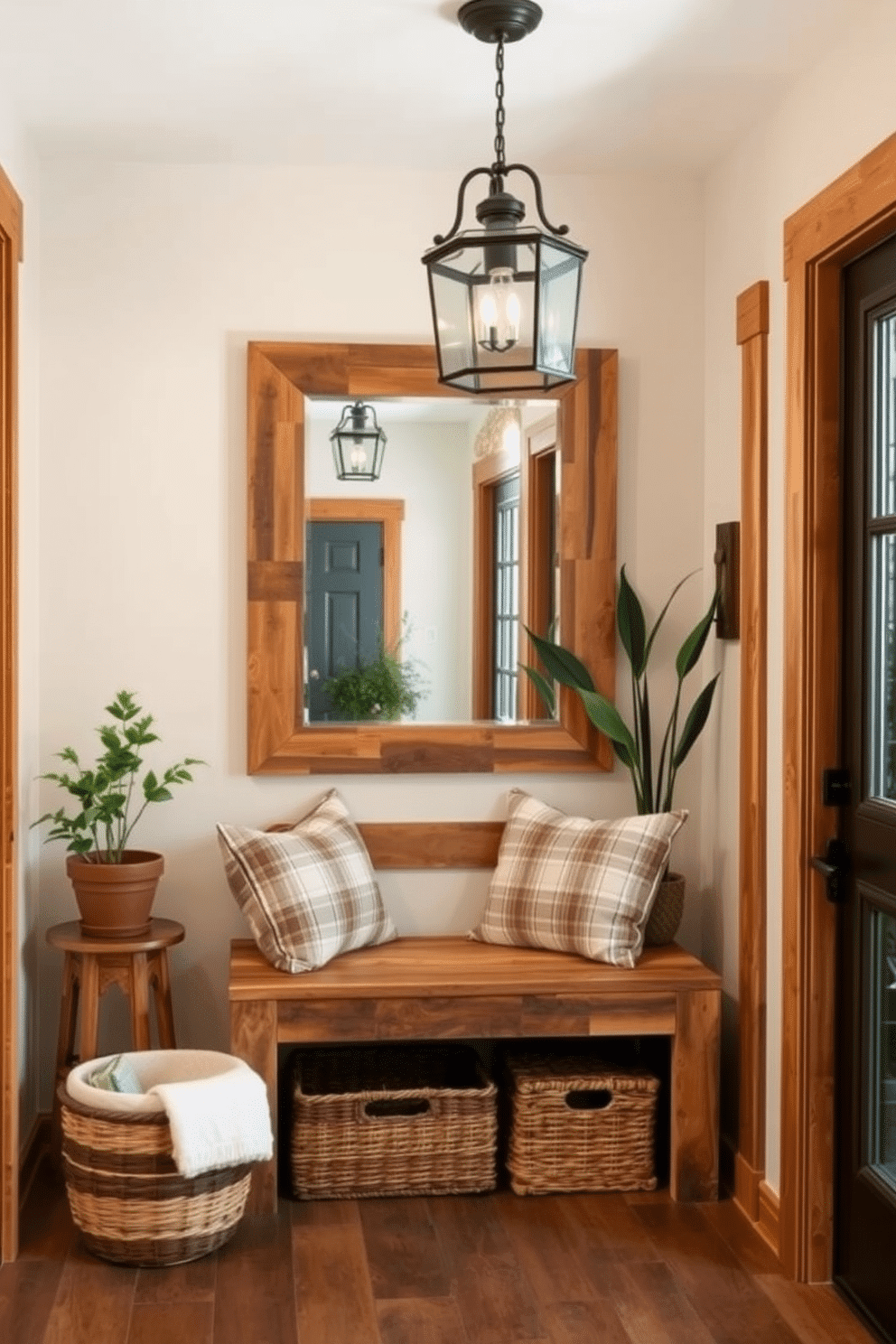 A cozy entryway featuring rustic wood accents that create a warm and inviting atmosphere. The space includes a reclaimed wood bench with plush cushions, surrounded by woven baskets for storage and a large mirror with a distressed frame. On the walls, a soft, neutral paint color complements the natural wood tones, while a vintage-style pendant light hangs from the ceiling. Potted plants are strategically placed to add a touch of greenery, enhancing the overall charm of the entryway.