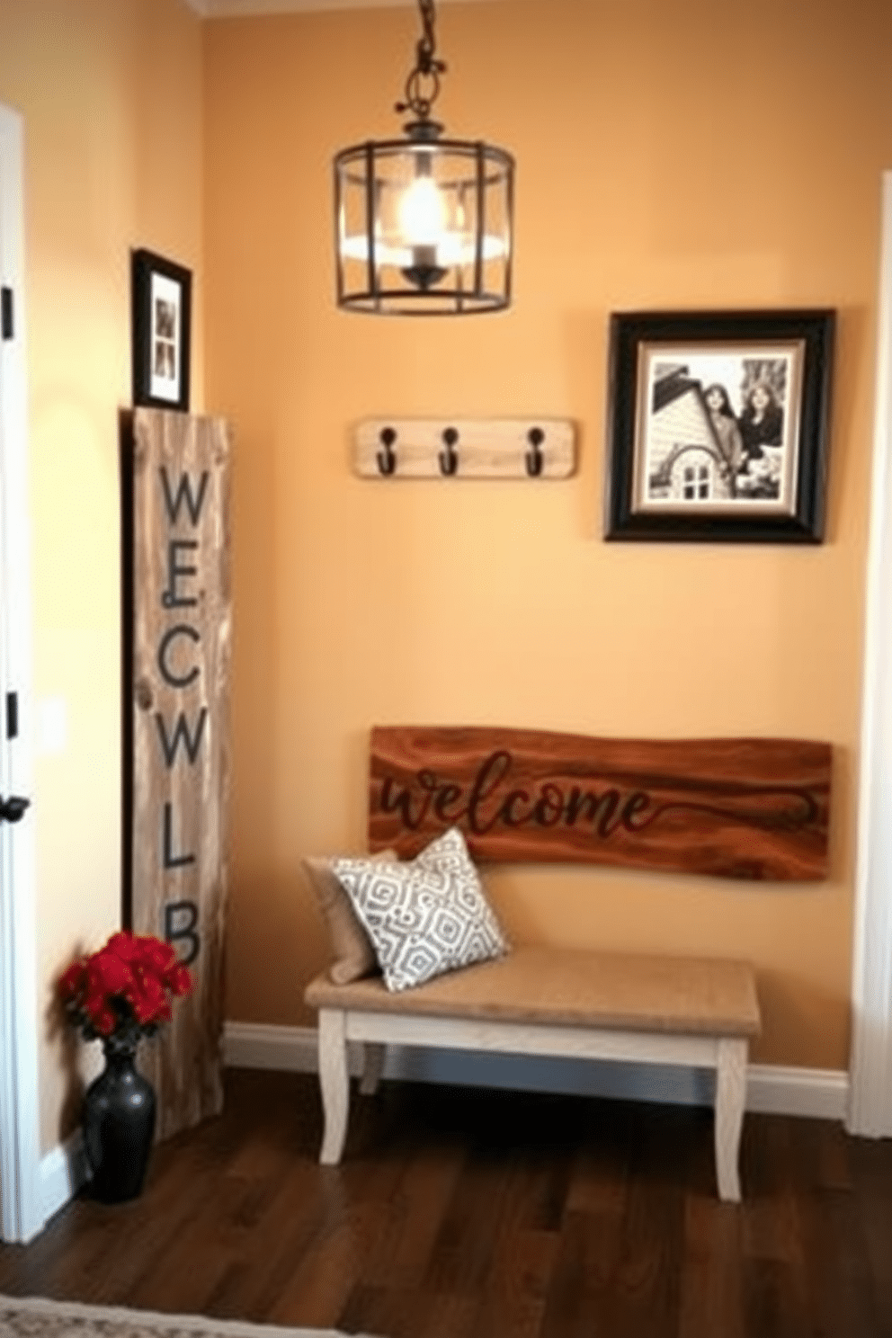 A personalized welcome sign greets guests at the entrance, crafted from reclaimed wood with elegant calligraphy. The entryway features a warm color palette, complemented by a cozy bench and decorative cushions, creating an inviting atmosphere. The walls are adorned with framed family photos and a stylish coat rack, adding a personal touch. Soft lighting from a pendant fixture illuminates the space, enhancing the welcoming vibe of the entryway.