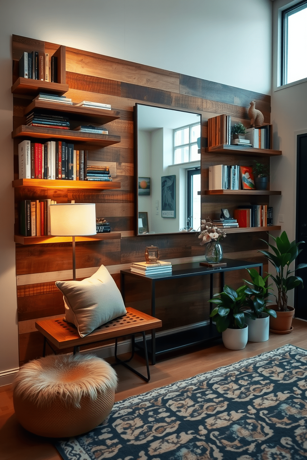 Open shelving for displaying favorite books. The shelves are crafted from reclaimed wood and are arranged asymmetrically on a feature wall, creating an inviting focal point. The space is illuminated by soft, warm lighting that highlights the books and decorative items. A cozy bench with plush cushions sits below the shelves, providing a comfortable spot for reading or putting on shoes. Entryway Design Ideas. The entryway features a sleek console table with a modern lamp and a large mirror above it, reflecting natural light from the nearby window. A stylish area rug anchors the space, while potted plants add a touch of greenery and warmth, welcoming guests into the home.