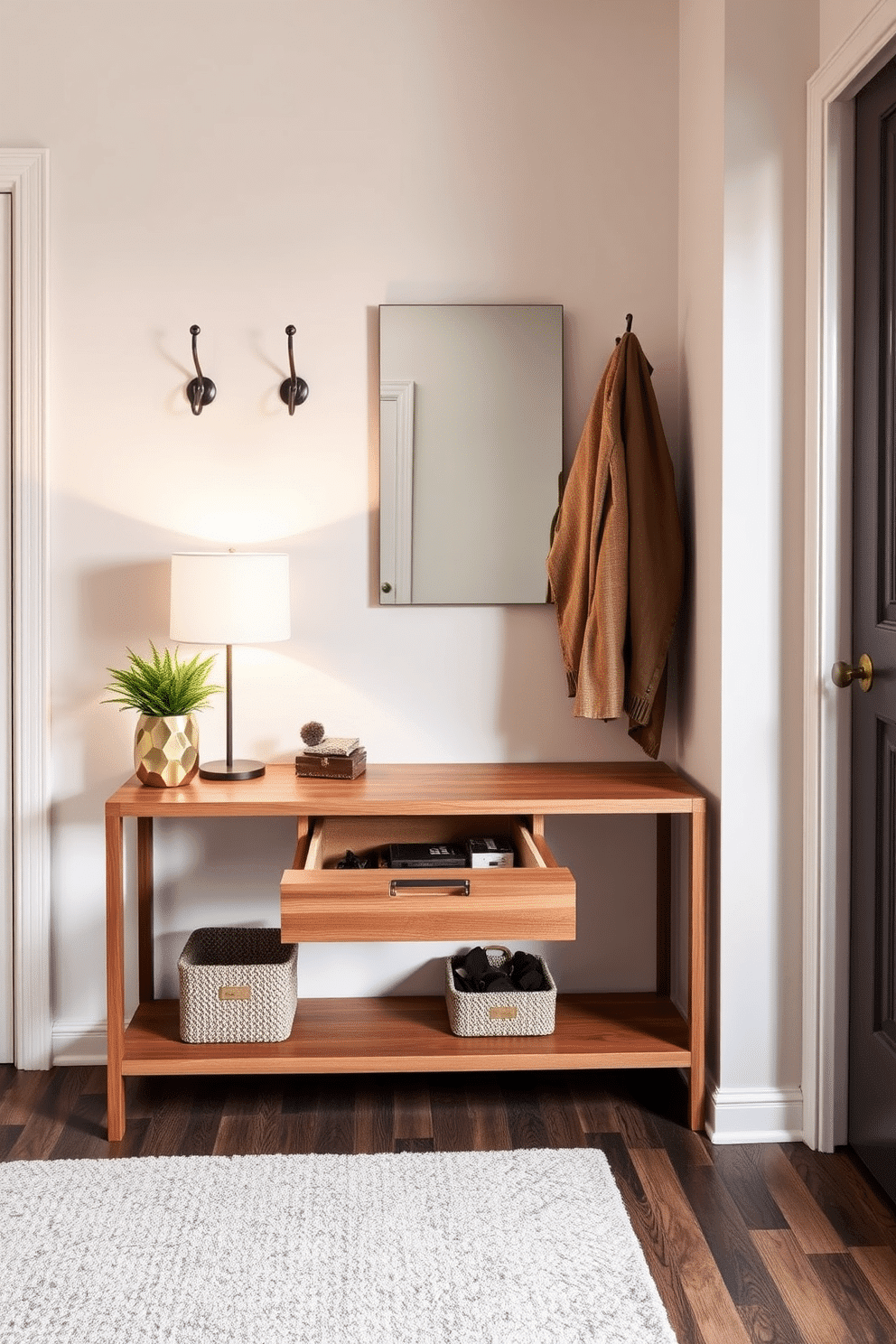 A stylish entryway featuring a functional drawer designed for keys and essentials. The drawer is seamlessly integrated into a sleek console table with a warm wood finish, complemented by decorative elements like a small potted plant and a chic lamp. The walls are adorned with a soft, inviting color, and a large mirror hangs above the console, enhancing the sense of space. A cozy area rug lies beneath, adding texture and warmth to the entryway, while hooks on the wall provide a practical solution for hanging coats and bags.