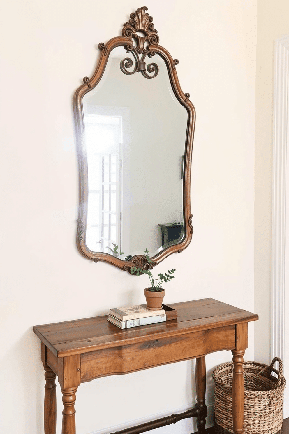 A vintage mirror with an ornate frame hangs above a rustic wooden table, reflecting the warm light from a nearby window. The table is adorned with a small potted plant and a stack of antique books, creating an inviting atmosphere. The walls are painted in a soft cream color, enhancing the natural wood tones of the table and mirror. A woven basket sits in the corner, adding texture and functionality to the entryway space.