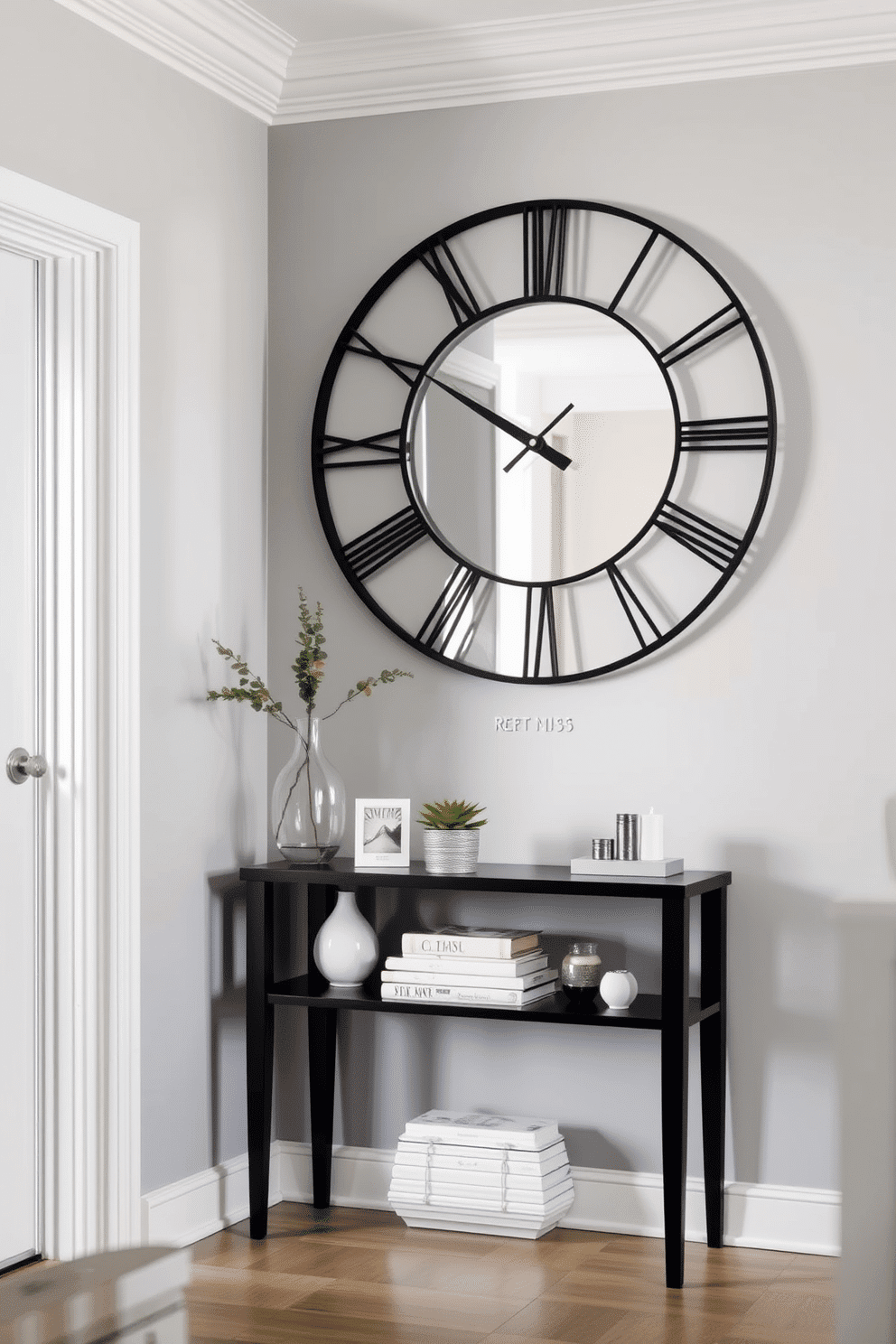 A stylish entryway featuring a statement clock with a sleek, modern design that serves both as a functional timepiece and a striking decorative element. The walls are painted in a soft gray, complemented by a console table beneath the clock, adorned with a few curated decorative items and a small potted plant for a touch of greenery.