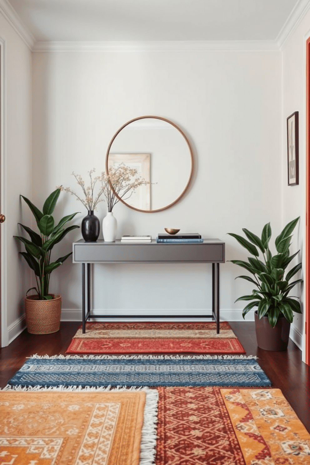 A stylish entryway features layered rugs in varying textures and colors, creating a warm and inviting atmosphere. A sleek console table is positioned against the wall, adorned with decorative items and a statement mirror above it. The walls are painted in a soft, neutral tone, complemented by a bold accent color on the door. Potted plants flank the entrance, adding a touch of greenery and freshness to the space.