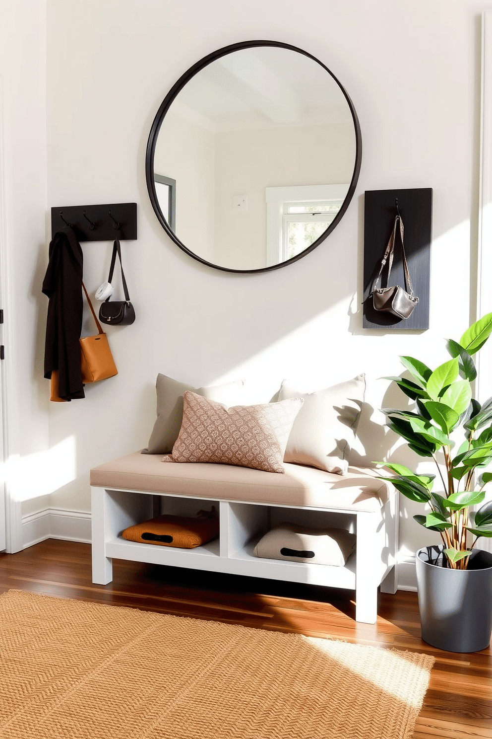 A chic bench is positioned against the wall in the entryway, featuring a sleek design with hidden storage compartments beneath the seat. The bench is upholstered in a soft, neutral fabric, complemented by decorative throw pillows in a subtle pattern. Flanking the bench, stylish wall hooks are mounted for hanging coats and bags, while a large, round mirror above reflects natural light, enhancing the space. The floor is adorned with a textured area rug that adds warmth, and a potted plant sits nearby to bring a touch of greenery.