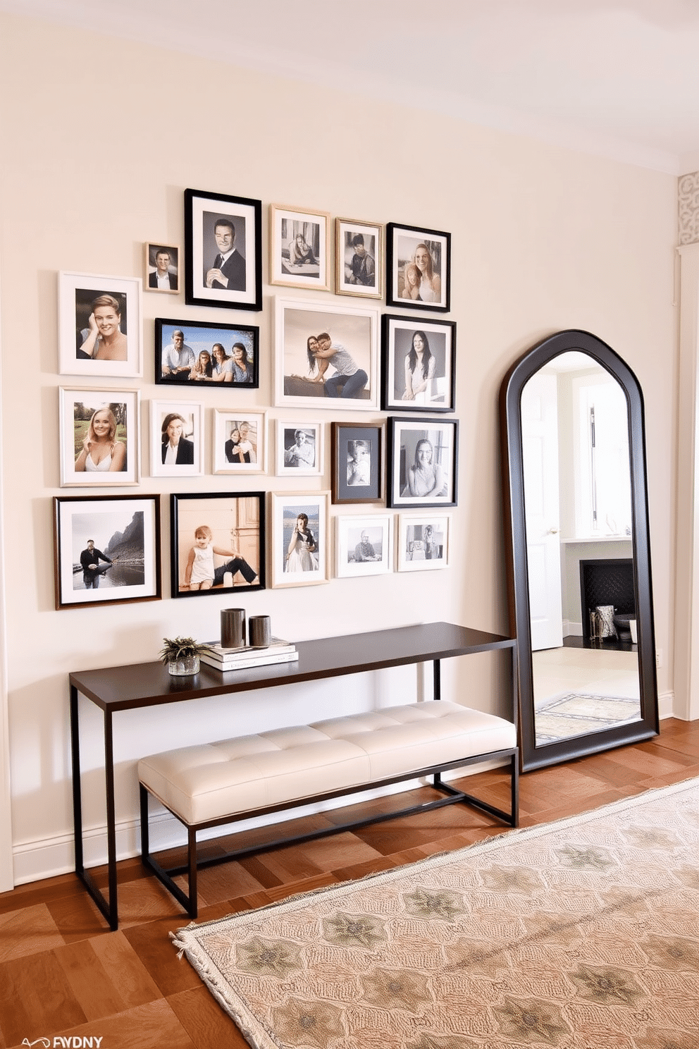 Artful gallery wall featuring a curated collection of family photos in various frame styles and sizes. The wall is painted in a soft, neutral hue, allowing the vibrant images to stand out, while a stylish console table below displays decorative objects and a small potted plant. Entryway design featuring a welcoming atmosphere with a sleek bench and a statement mirror. The walls are adorned with subtle wallpaper, and the floor is a mix of patterned tiles, complemented by a stylish area rug that adds warmth and texture.