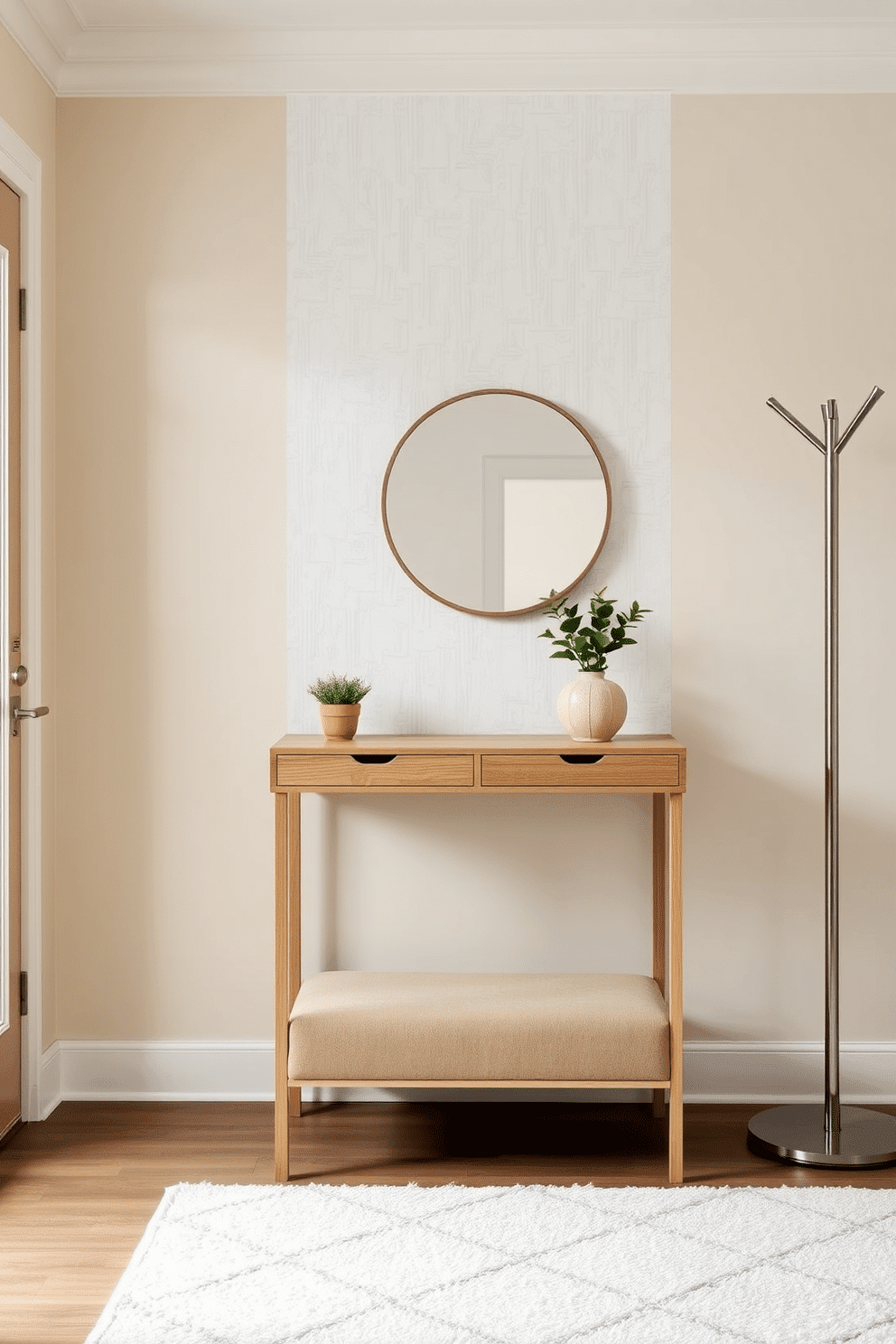 A calming entryway featuring a neutral color palette, with soft beige walls and a light gray textured wallpaper accent. A minimalist console table in natural wood sits against the wall, topped with a simple round mirror and a small potted plant for a touch of greenery. The floor is adorned with a plush cream area rug that adds warmth and comfort. To the side, a sleek bench in a muted taupe fabric provides seating, while a minimalist coat rack in brushed metal adds functionality without overwhelming the space.