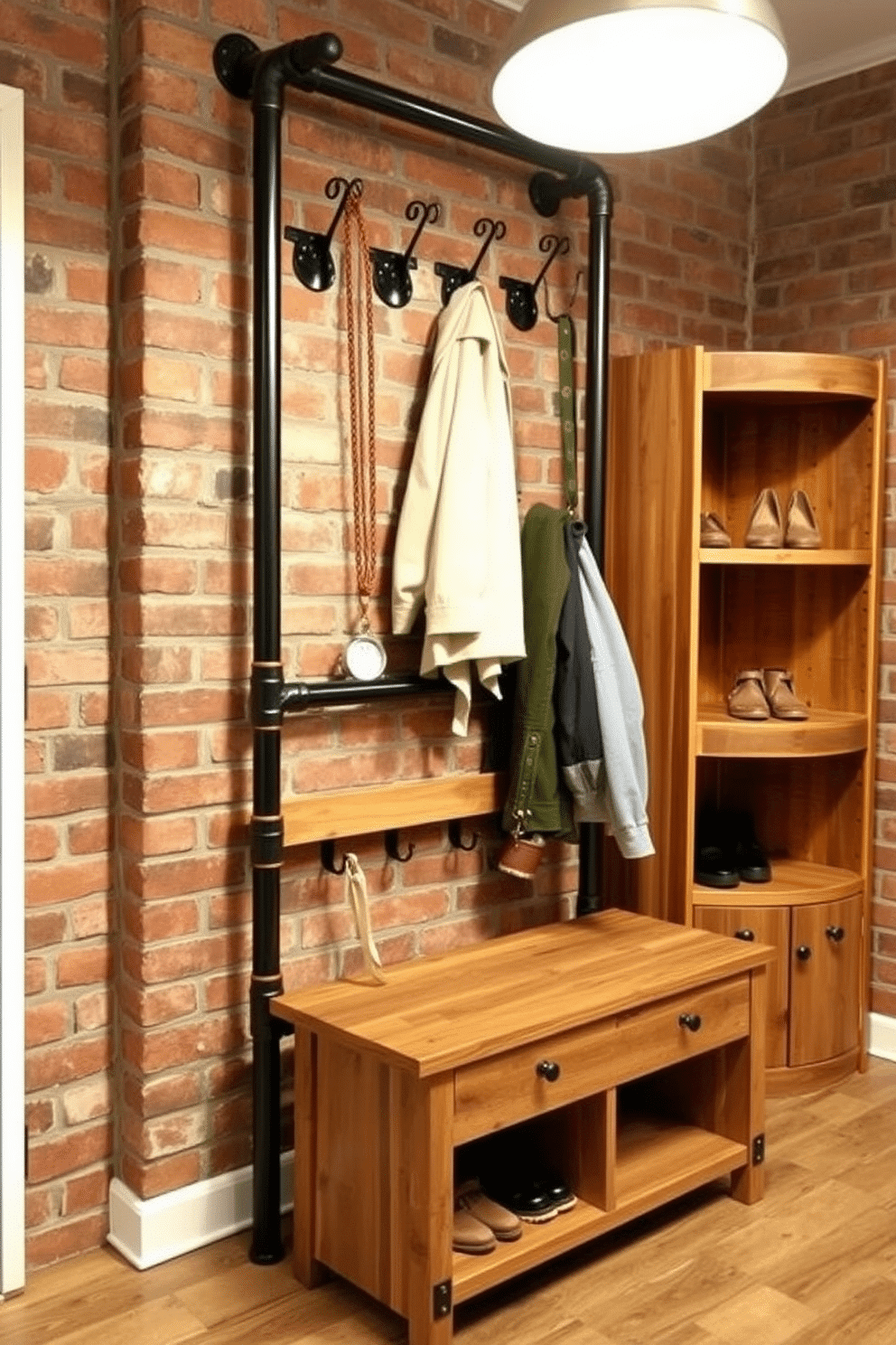 A striking industrial-style coat rack made of black metal pipes stands against a brick wall, providing a rugged yet stylish focal point. Below the rack, a wooden bench with a distressed finish offers a place to sit while putting on shoes, complemented by an array of hooks for hanging jackets and bags. Adjacent to the coat rack, a sleek shoe storage unit crafted from reclaimed wood features open shelving for easy access to footwear. The entryway is illuminated by a pendant light with an exposed bulb, enhancing the industrial aesthetic while casting a warm glow throughout the space.