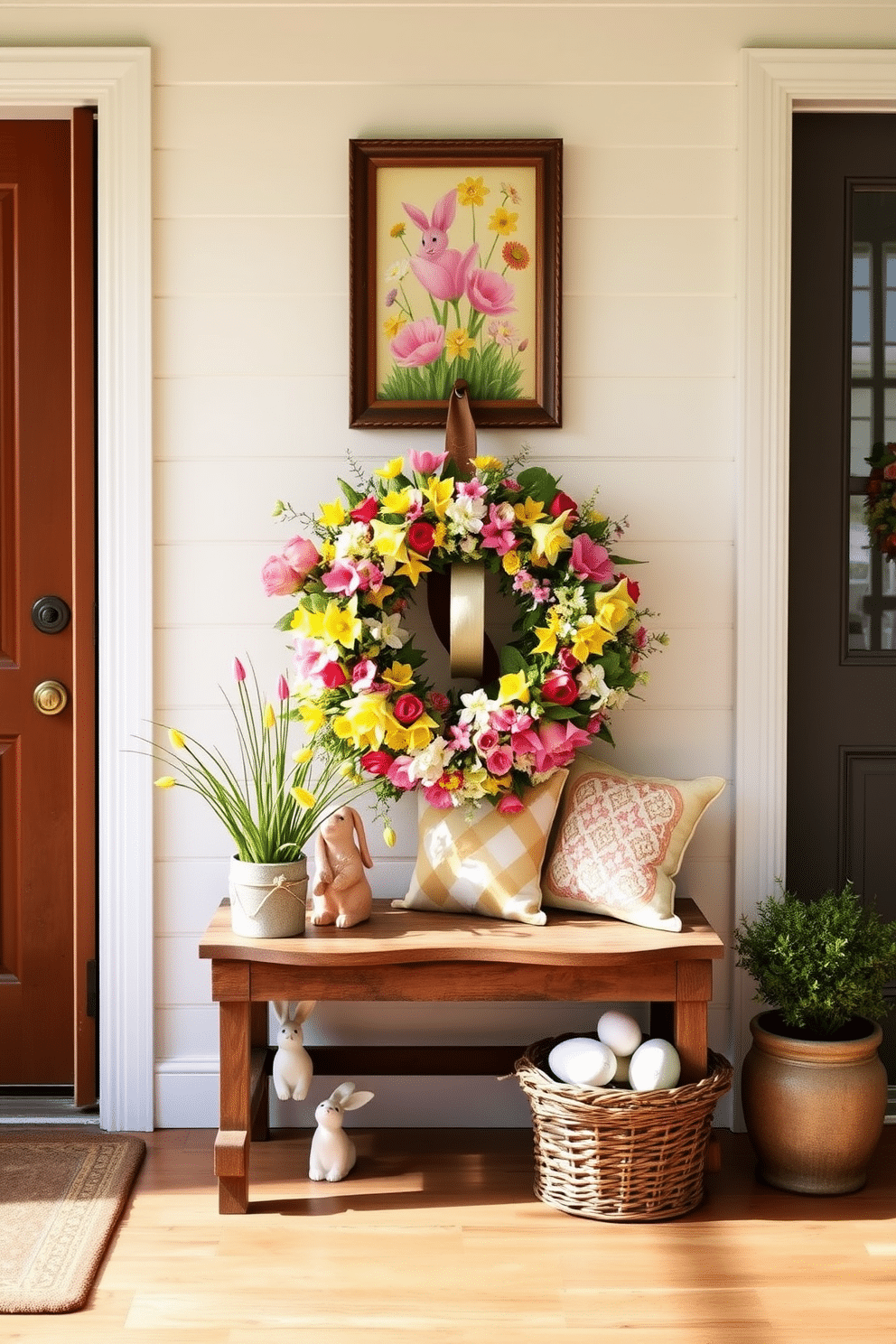 A vibrant spring floral wreath adorns the front door, bursting with colorful blooms like tulips, daffodils, and cherry blossoms. The entryway is inviting, featuring a soft pastel color palette and decorative elements that celebrate the Easter season, such as bunny figurines and pastel-colored eggs. A rustic wooden bench sits against the wall, adorned with plush cushions in cheerful patterns. Above the bench, a framed spring-themed artwork complements the wreath, creating a cohesive and festive atmosphere.