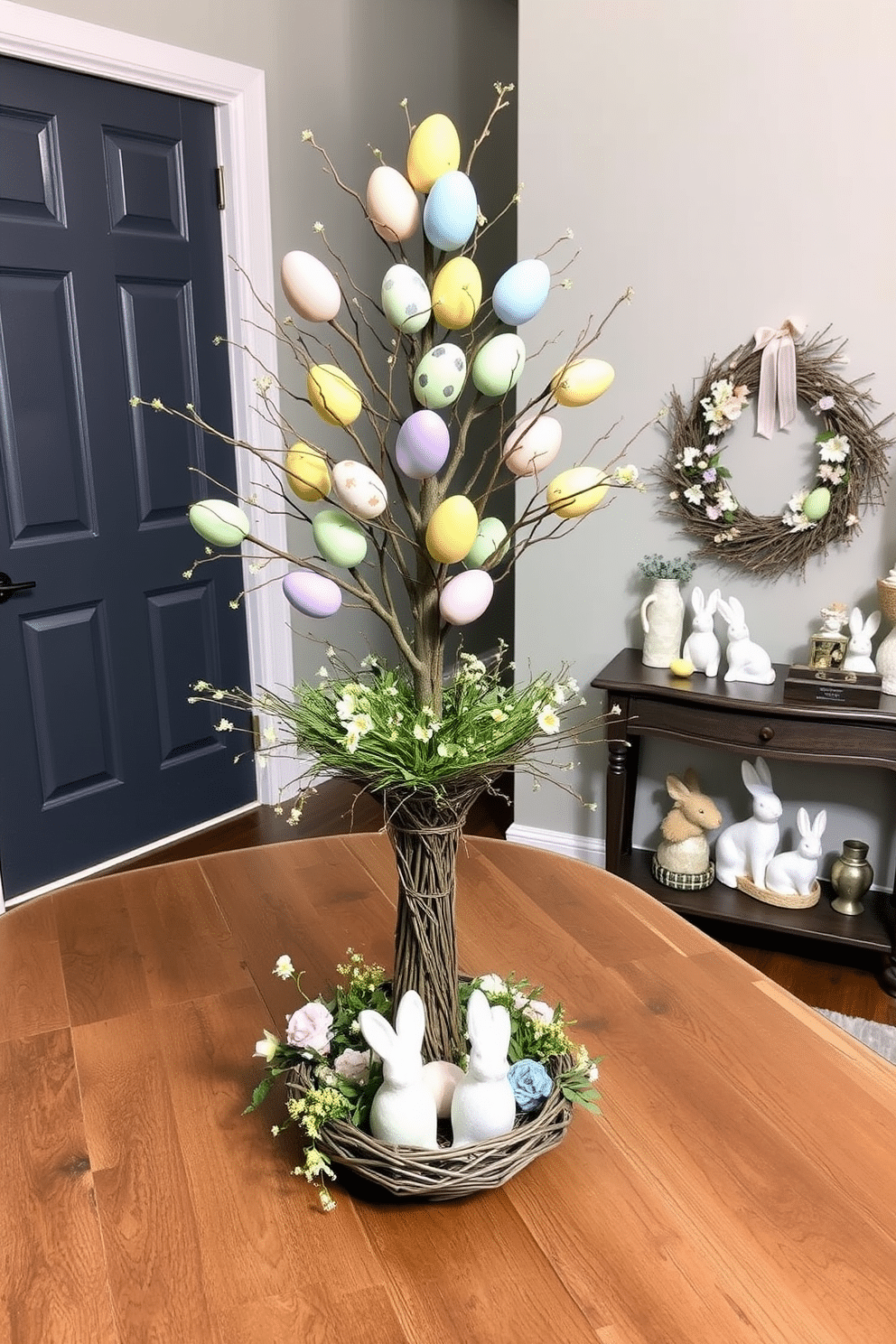 A vibrant egg tree centerpiece stands tall on a rustic wooden table, adorned with an array of colorful, hand-painted eggs in pastel hues. Surrounding the base, fresh greenery and delicate spring flowers complement the lively display, creating a cheerful atmosphere. The entryway is warmly decorated for Easter, featuring a charming wreath made of twigs and flowers on the door. A small console table is adorned with decorative bunnies and colorful eggs, inviting guests into a festive and welcoming space.