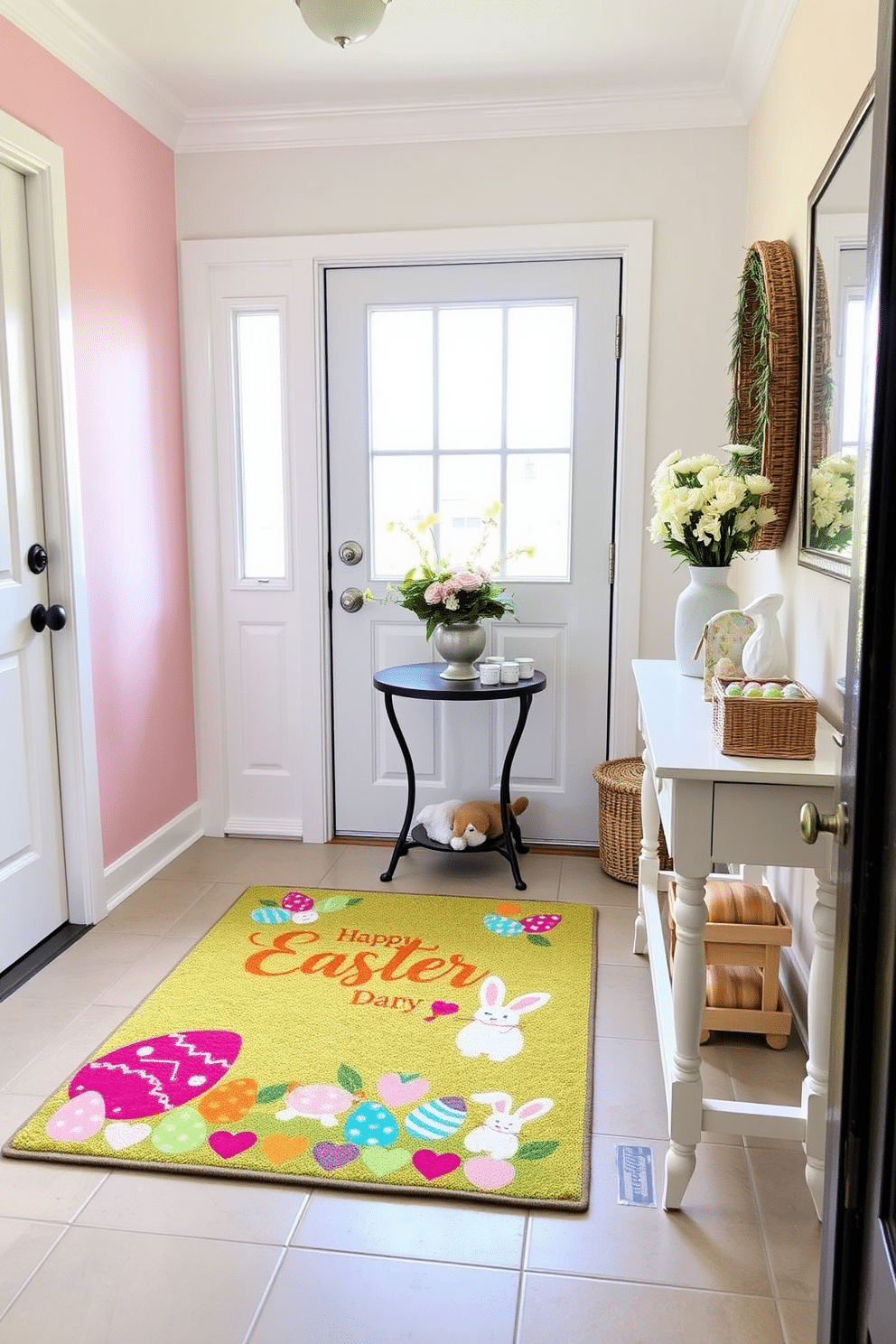 A charming entryway featuring a festive Easter-themed doormat adorned with colorful eggs and cheerful bunnies. The space is brightened by pastel-colored walls, and a small table is decorated with a floral arrangement and Easter-themed decor items.