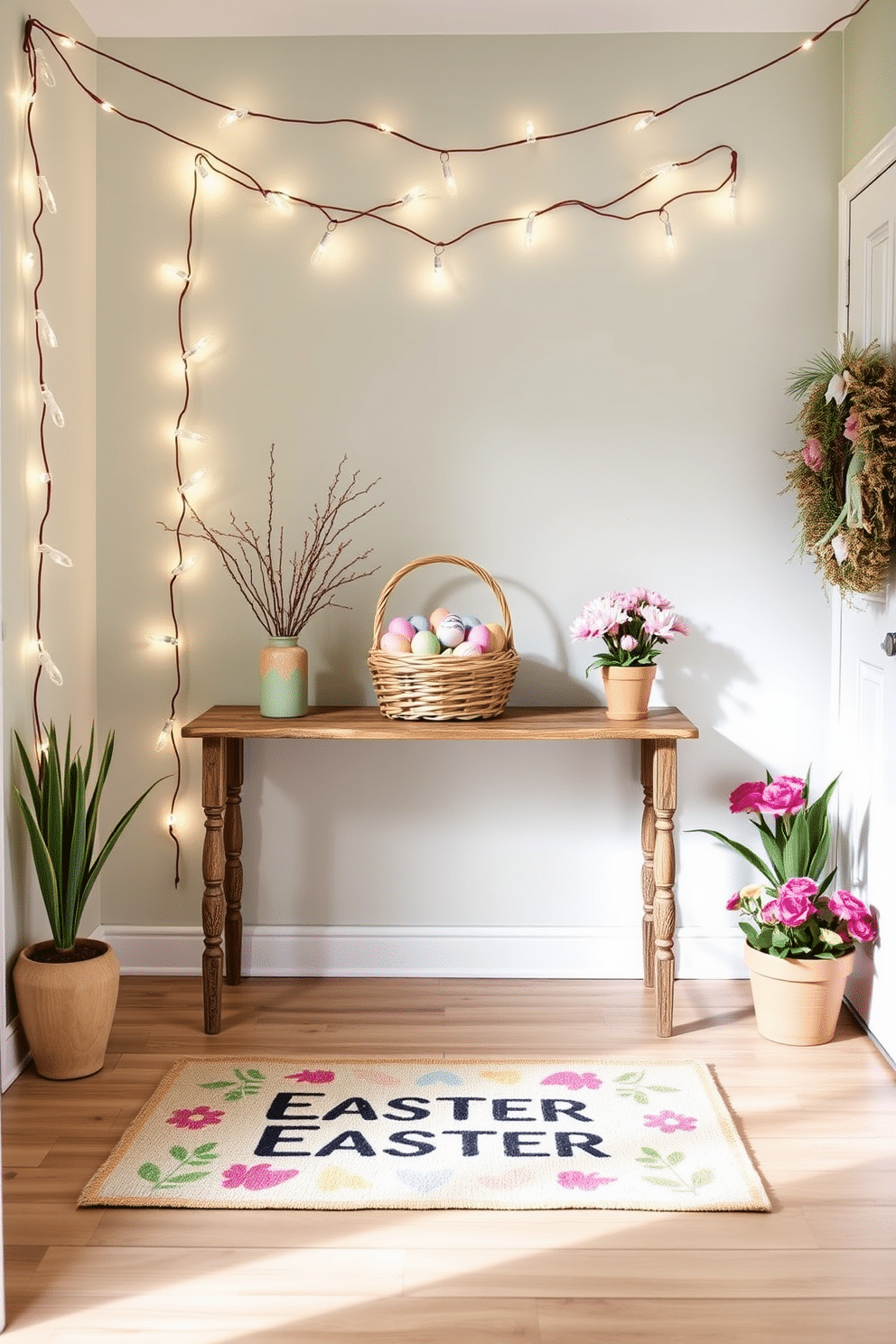 A whimsical entryway adorned with bunny-shaped string lights that create a playful atmosphere. The walls are painted in soft pastel colors, and a welcoming mat featuring Easter motifs lies at the entrance. A rustic console table holds a decorative basket filled with colorful Easter eggs. Potted flowers in cheerful hues are placed on either side of the table, enhancing the festive decor.