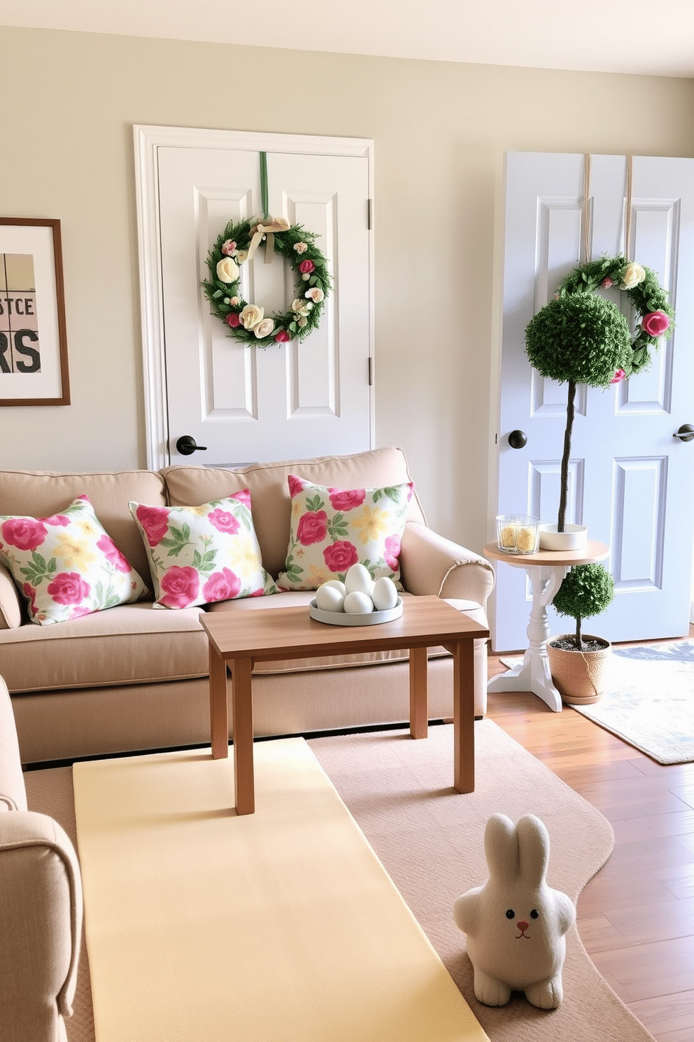 A cozy living room adorned with floral patterned throw pillows in vibrant colors, adding a cheerful touch to the space. The pillows are arranged on a plush beige sofa, complementing the light wood coffee table in front. A welcoming entryway decorated for Easter, featuring a pastel-colored wreath on the door and a small table adorned with decorative eggs. A soft runner in light yellow leads guests into the home, while a potted bunny-shaped topiary adds a whimsical touch.