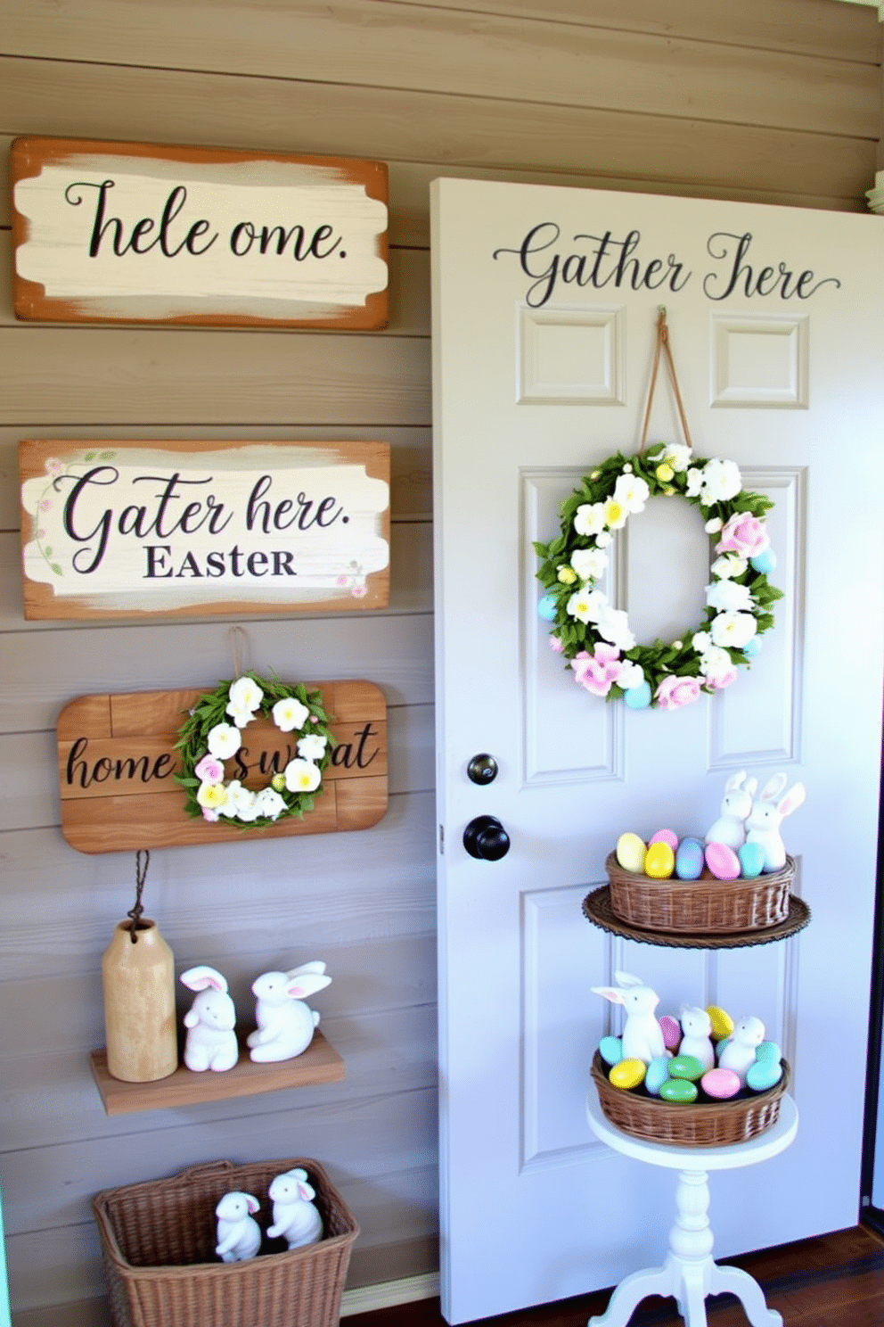 A charming entryway featuring rustic wooden signs that welcome guests with phrases like 