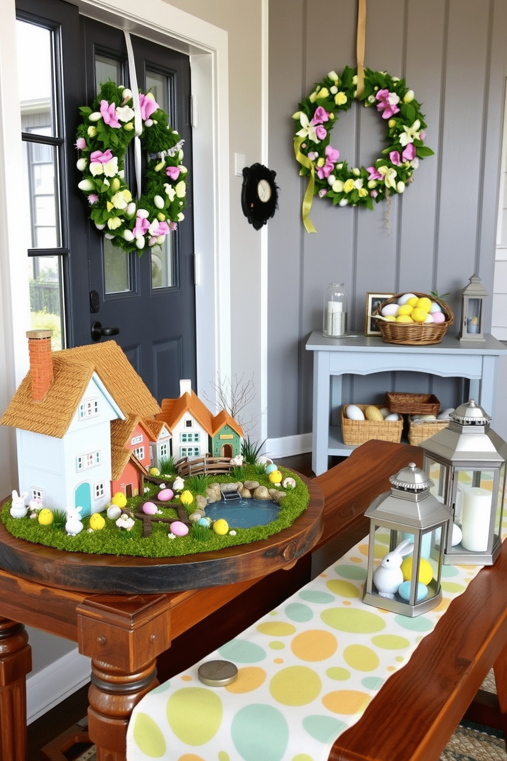 A charming miniature Easter village is set up on a rustic wooden table, featuring colorful houses with thatched roofs and pastel-painted facades. Tiny bunnies and chicks are scattered throughout the village, while a small pond with a wooden bridge adds a whimsical touch. The entryway is adorned with Easter decorations, including a vibrant wreath made of spring flowers and pastel eggs hanging from the door. A console table is decorated with a cheerful table runner, a basket filled with Easter eggs, and a pair of lanterns that create a warm, inviting atmosphere.