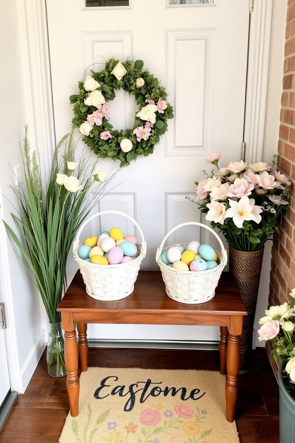 A charming entryway adorned for Easter. There are two decorative baskets filled with colorful eggs, placed on a small wooden table near the door. Floral arrangements in pastel hues complement the baskets, creating a warm and inviting atmosphere. A cheerful welcome mat featuring spring motifs lies beneath the table, enhancing the festive decor.