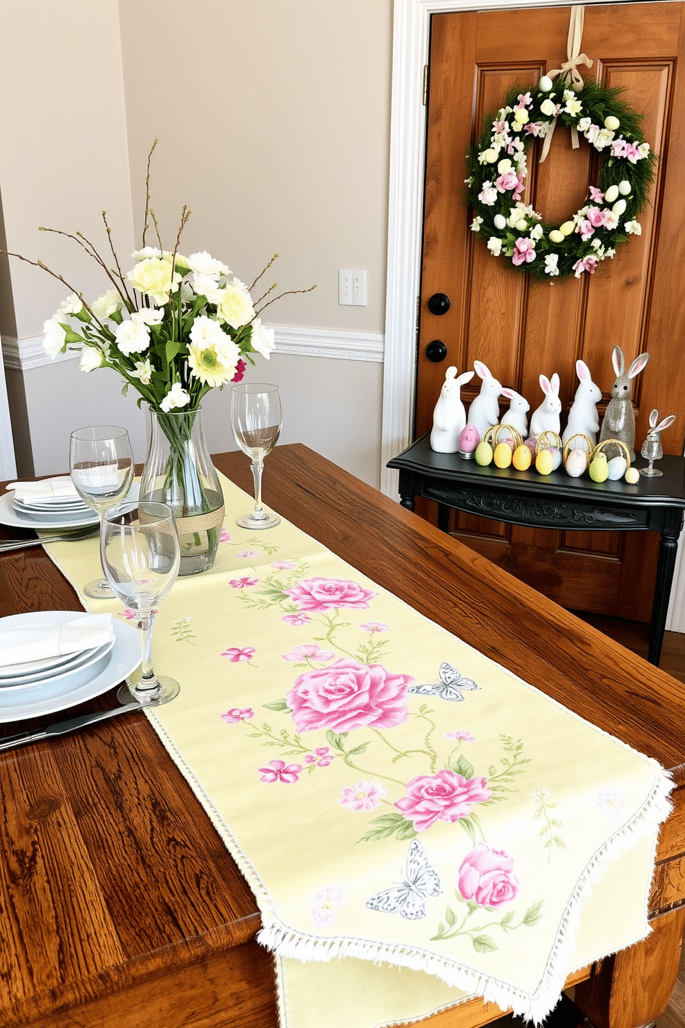 A vibrant spring-themed table runner stretches across a rustic wooden table, adorned with pastel-colored flowers and delicate butterflies embroidered along the edges. The runner is complemented by soft, white dinnerware and sparkling crystal glasses, creating a cheerful and inviting atmosphere. The entryway is beautifully decorated for Easter, featuring a charming wreath made of fresh blooms and pastel eggs hanging on the door. A small console table displays a collection of decorative bunnies and colorful egg arrangements, welcoming guests with a festive touch.