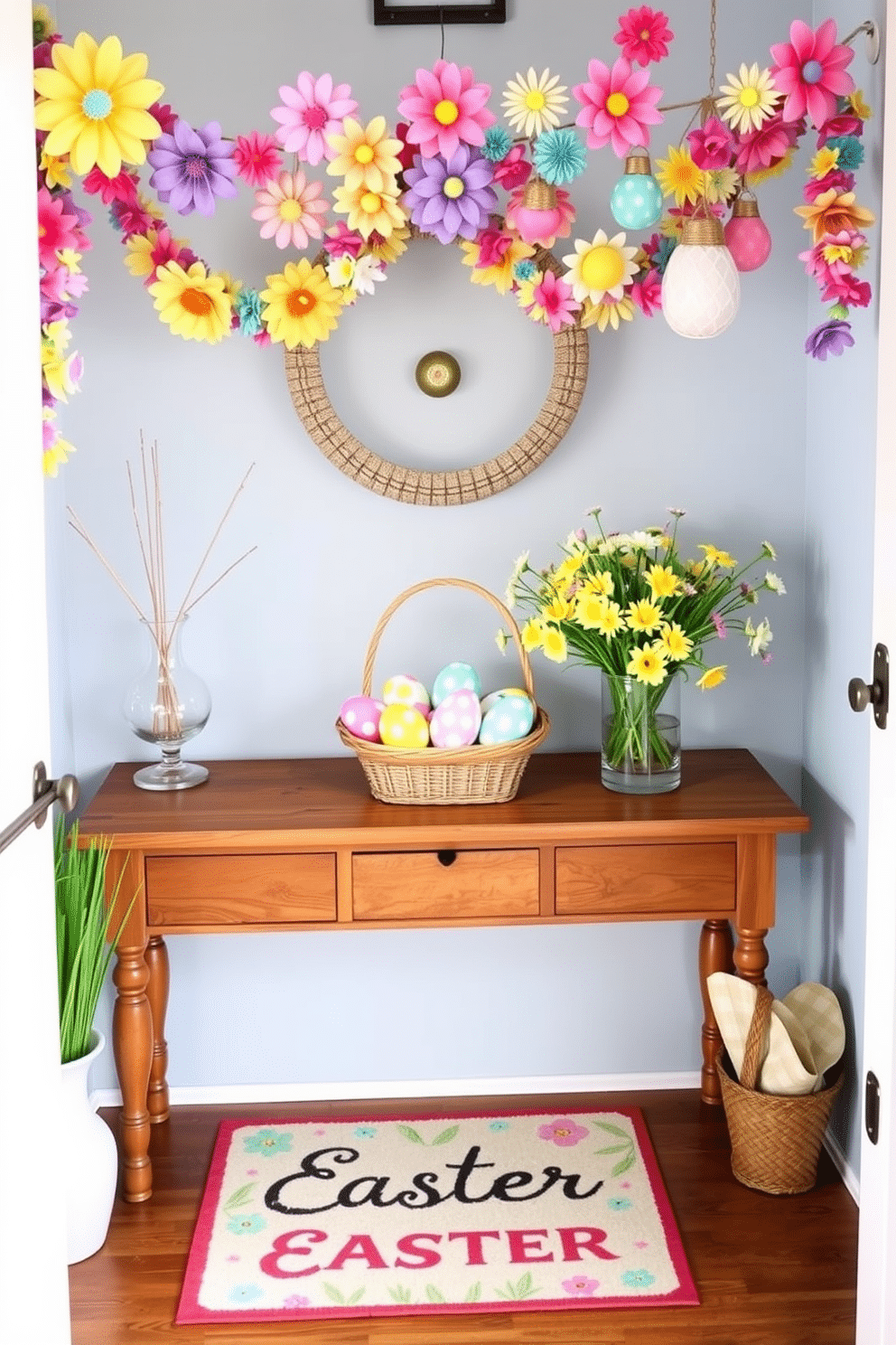 A vibrant entryway adorned with hand-painted Easter eggs in various pastel colors. The eggs are displayed in a decorative basket on a wooden console table, surrounded by fresh spring flowers in a glass vase. Brightly colored garlands made of paper flowers and Easter-themed ornaments hang above the entrance. A cheerful welcome mat with an Easter motif greets guests at the door, setting a festive tone for the season.