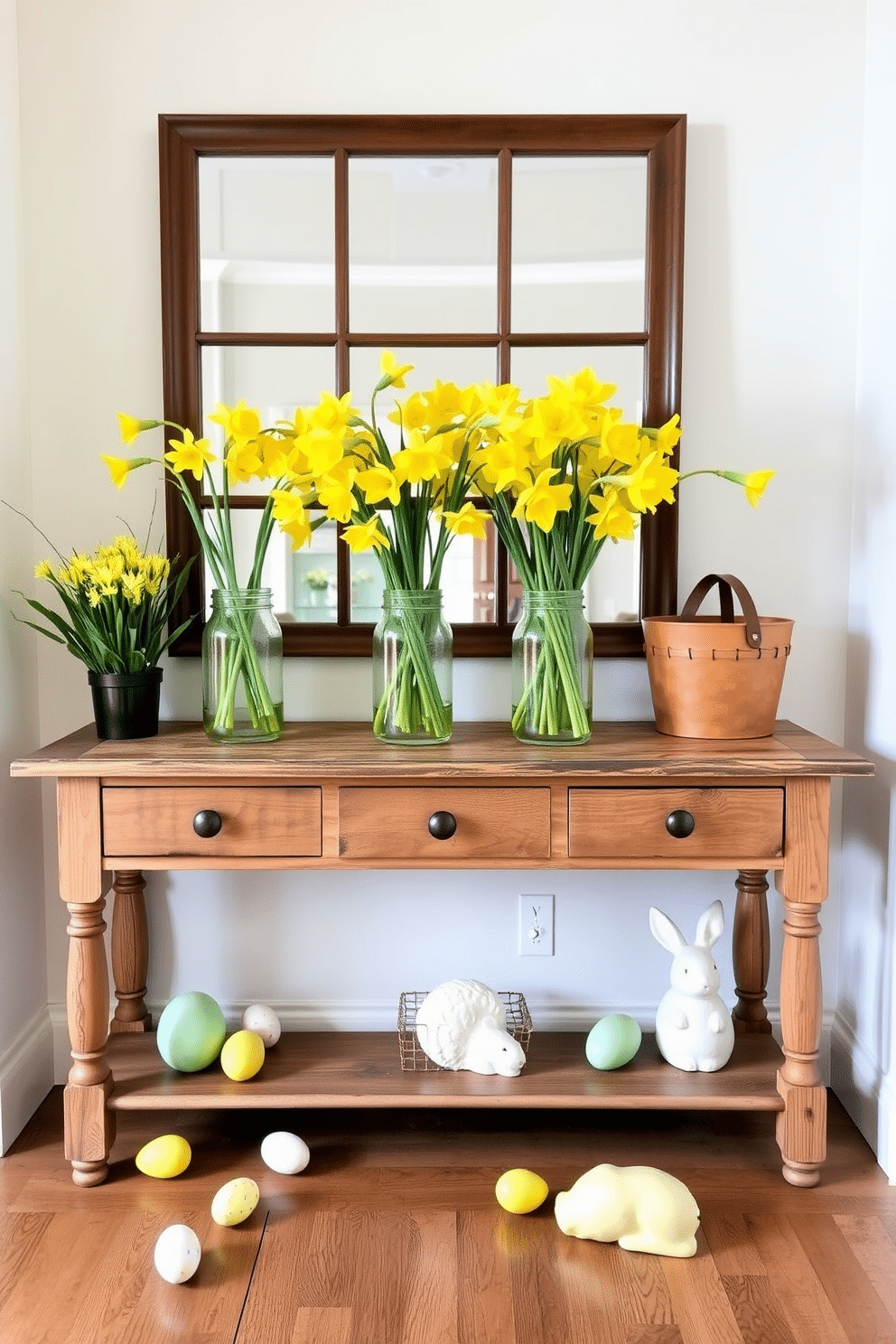 A charming entryway adorned with fresh daffodils arranged in mason jars. The jars are placed on a rustic wooden console table, complemented by pastel-colored Easter decorations like eggs and bunnies scattered around.