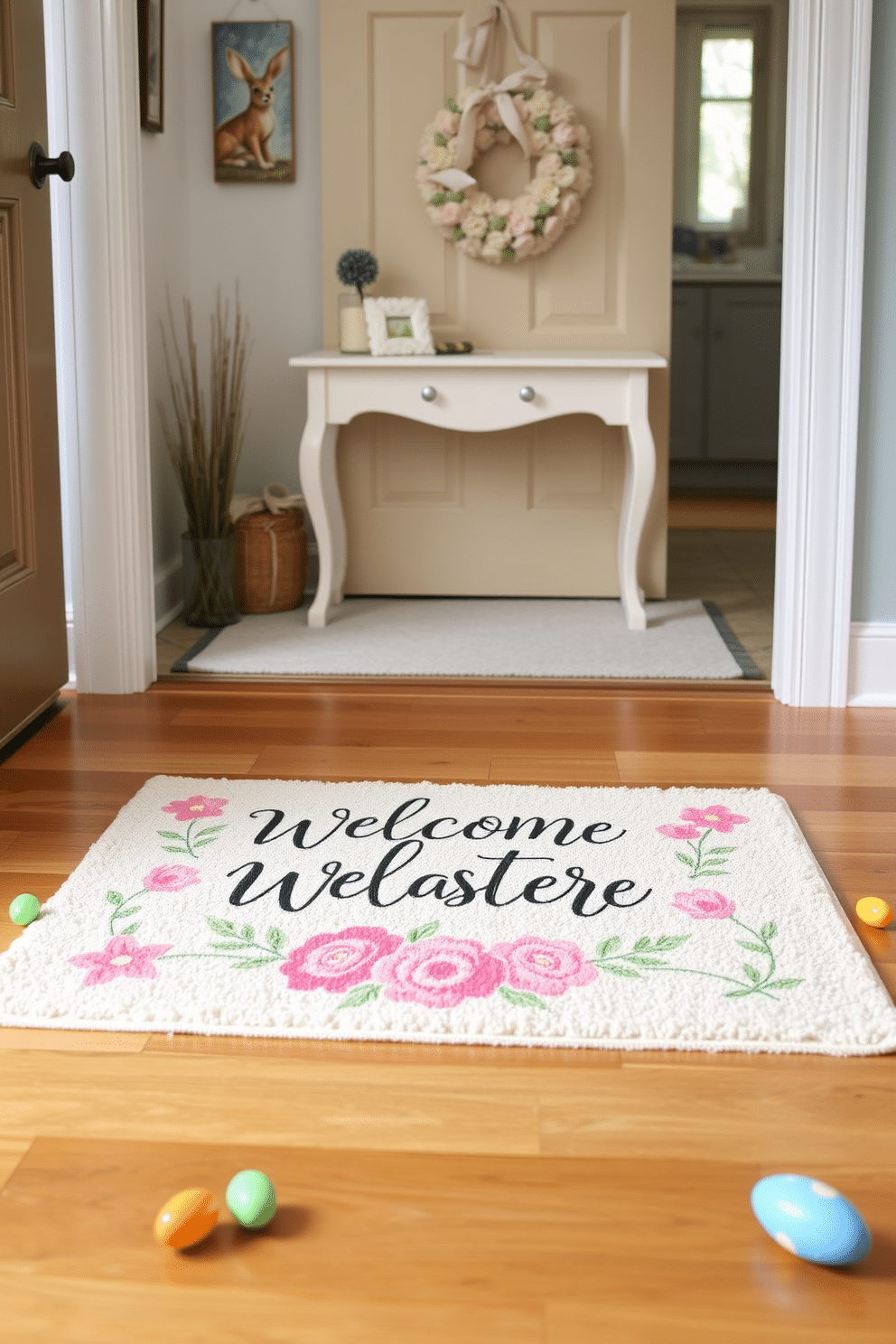 A pastel-colored welcome mat is placed at the entrance, featuring a cheerful floral design that invites guests into the home. The surrounding entryway is adorned with soft, decorative accents like a small console table and a pastel-colored wreath hanging on the door, creating a warm and inviting atmosphere for Easter celebrations. Beneath the mat, the hardwood floor shines, complementing the fresh spring vibe. Brightly colored Easter eggs are scattered around the entryway, adding a playful touch to the festive decor.