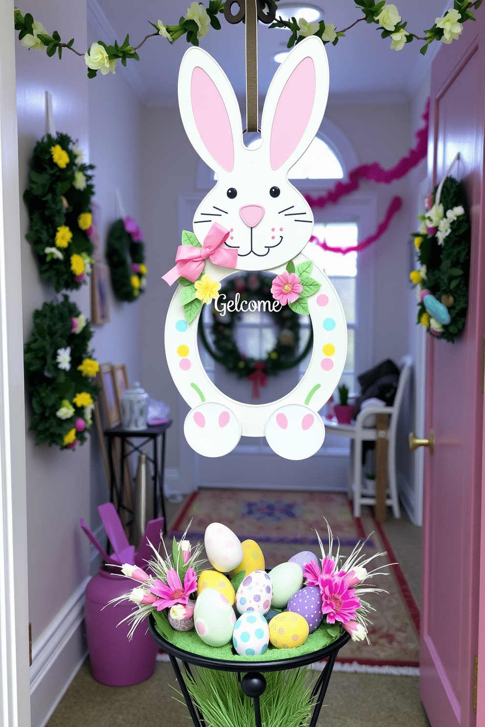 A whimsical Easter bunny door hanger greets guests with a cheerful design, featuring pastel colors and playful patterns. This charming decoration is adorned with floral accents and a cute bow, making it a delightful addition to any entryway. In the entryway, vibrant Easter decorations create a festive atmosphere, with colorful wreaths and garlands draping the space. A small table displays an arrangement of Easter-themed decor, including painted eggs and spring flowers, welcoming visitors with seasonal cheer.