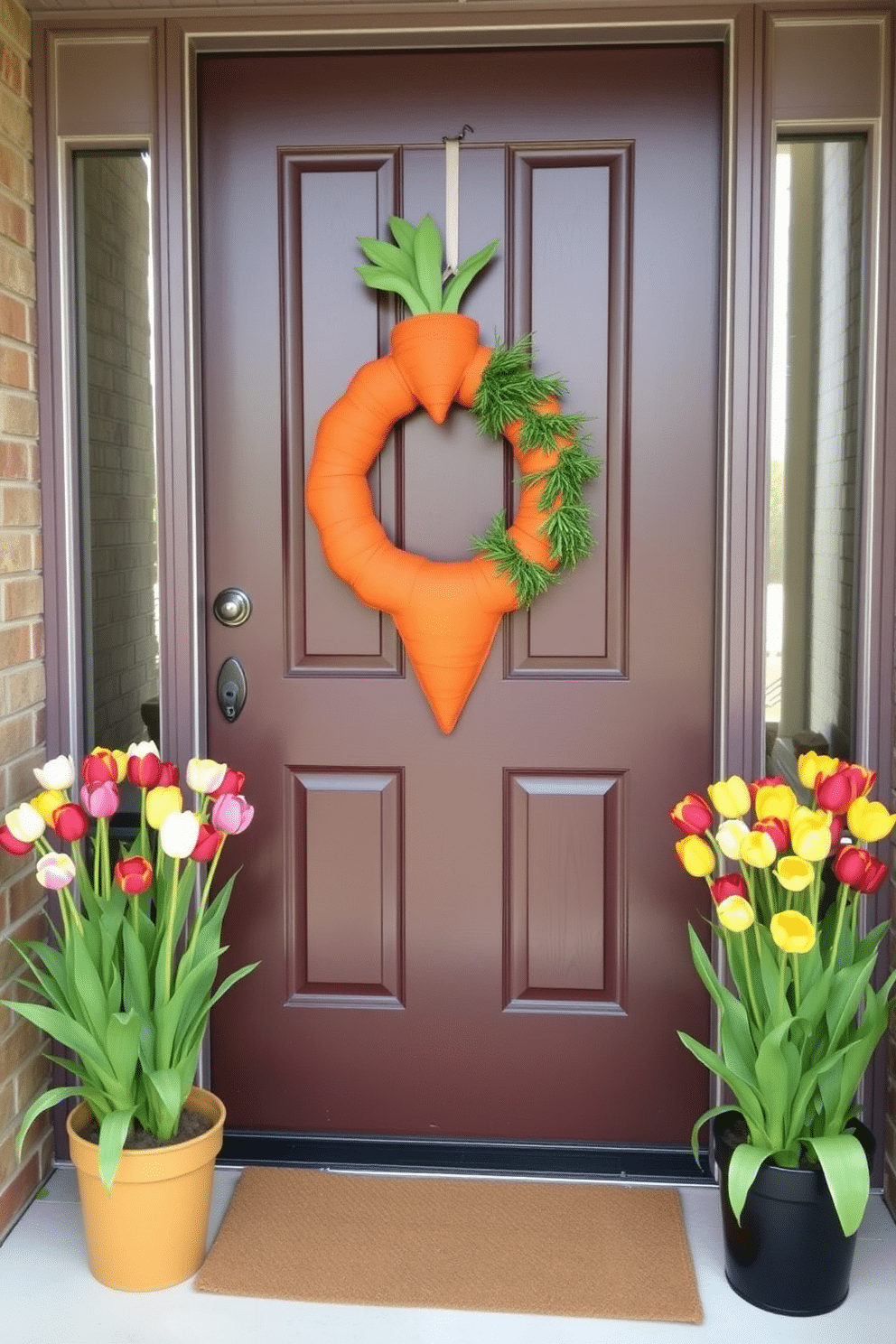 A charming entryway decorated for Easter features a whimsical carrot-shaped wreath hanging on the front door, crafted from faux carrots and greenery. Flanking the entrance, potted tulips in vibrant colors add a fresh touch, welcoming guests with their cheerful blooms.