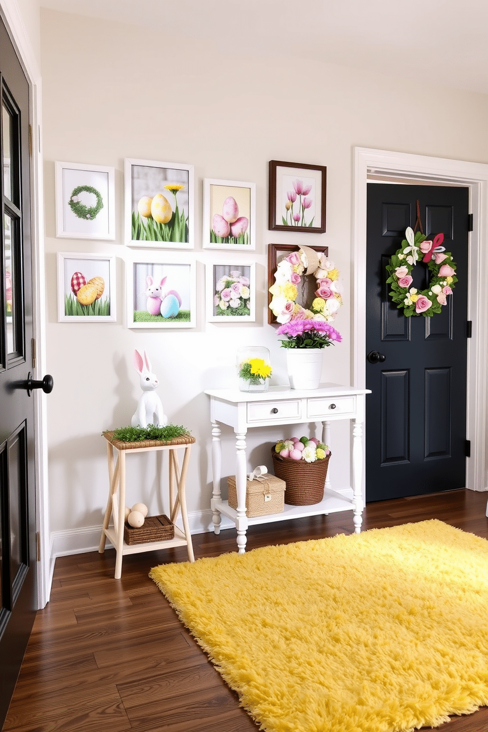 A charming entryway adorned with Easter-themed photo frames showcasing pastel-colored eggs and spring flowers. The frames are arranged in a playful gallery wall, complementing a small console table decorated with a bunny figurine and a vibrant floral arrangement. The entryway features a soft, welcoming rug in shades of lavender and yellow, creating a cheerful atmosphere. A whimsical wreath made of faux flowers and eggs hangs on the door, inviting guests into this festive space.