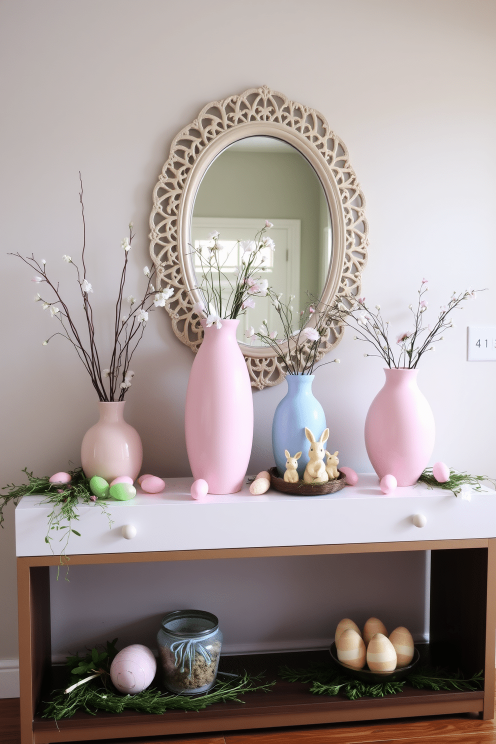 A charming entryway adorned with pastel-colored vases in soft shades of pink, blue, and lavender. The vases are arranged on a sleek console table, complemented by a decorative mirror above, reflecting the light and warmth of the space. Easter decorations are tastefully incorporated, featuring delicate floral arrangements and small, whimsical bunnies nestled among the vases. Fresh greenery and pastel-hued eggs are scattered around, creating a welcoming atmosphere that celebrates the season.