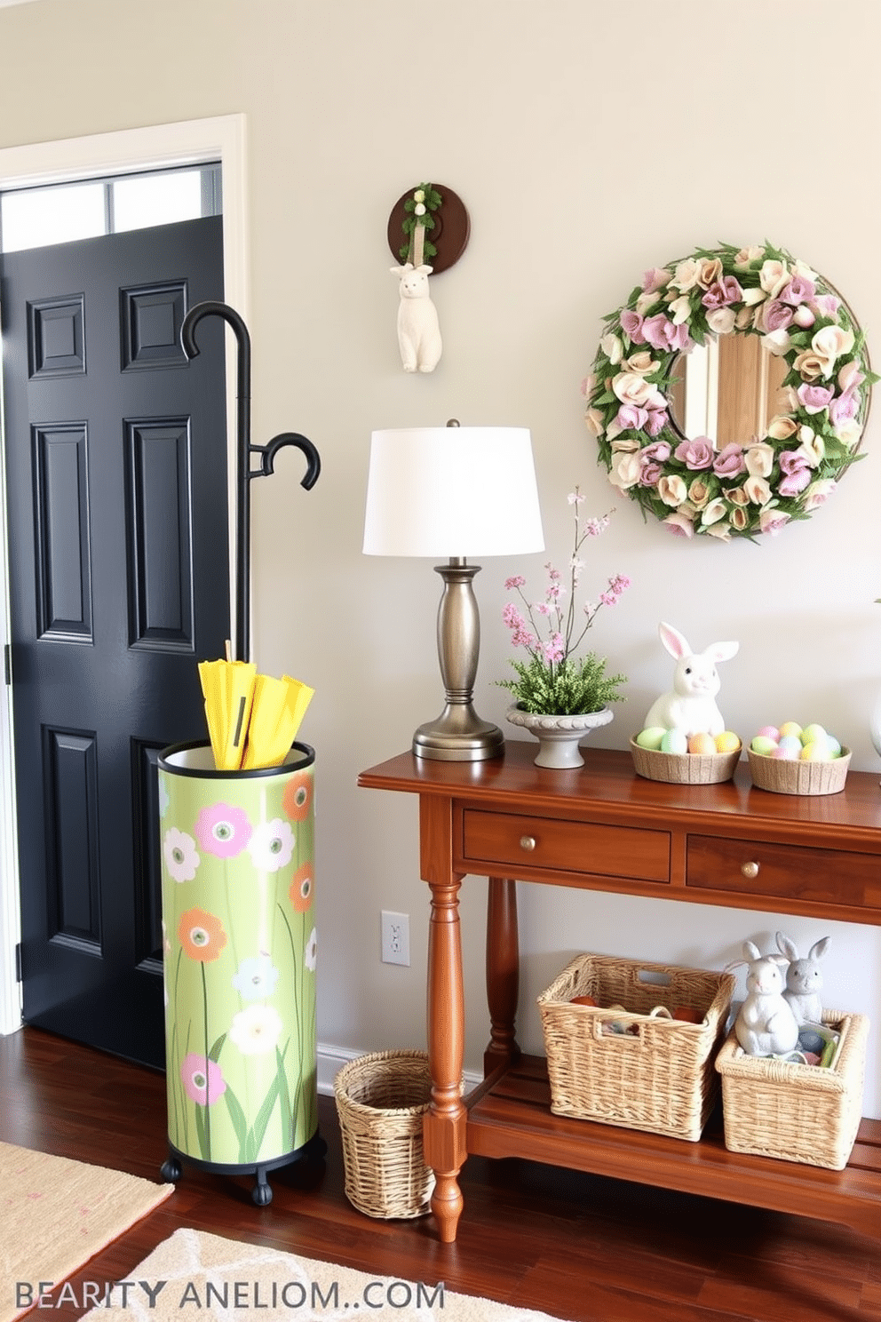 A charming entryway featuring a spring-themed umbrella stand adorned with pastel-colored floral patterns. The stand is positioned next to a wooden console table decorated with Easter-themed accents, including a small basket filled with colorful eggs and a cheerful bunny figurine.