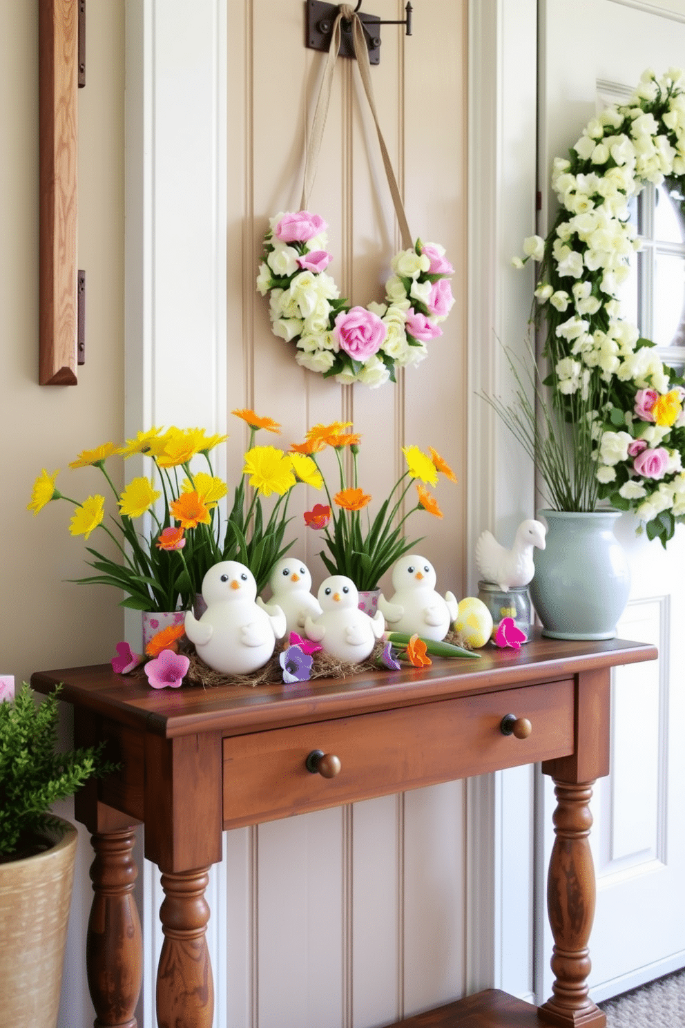 A charming entryway adorned for Easter features decorative ceramic chicks nestled among vibrant spring flowers. The chicks, painted in pastel colors, are strategically placed on a rustic wooden console table, complemented by a cheerful wreath of blossoms hanging on the door.