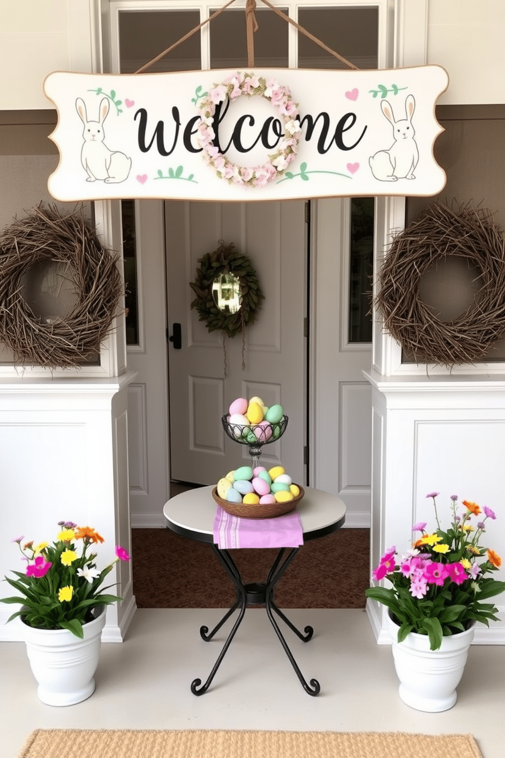 A charming Easter-themed welcome sign is displayed at the entrance, featuring pastel colors and whimsical illustrations of bunnies and eggs. The sign is adorned with a delicate floral wreath, creating a warm and inviting atmosphere for guests. In the entryway, a cheerful arrangement of Easter decorations includes a small table topped with a vibrant table runner and an assortment of colorful eggs in a decorative bowl. Flanking the table, potted spring flowers add a lively touch, enhancing the festive spirit of the space.