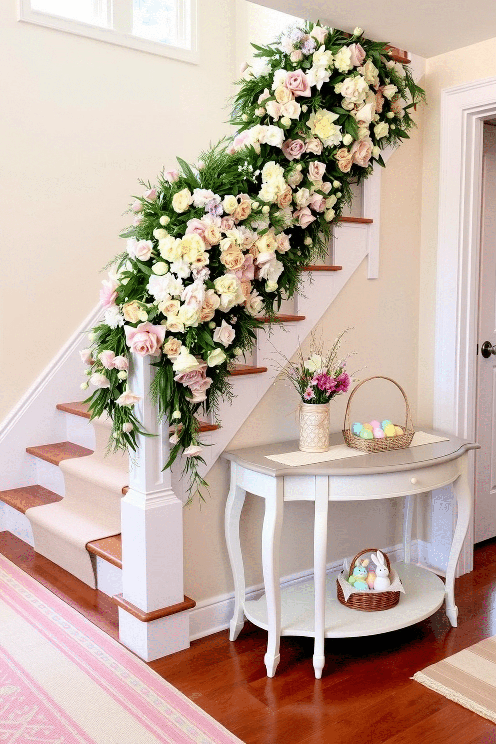 A beautiful staircase adorned with a lush floral garland, featuring an array of pastel blooms intertwined with greenery. Soft, natural light filters through a nearby window, highlighting the vibrant colors and creating a welcoming atmosphere. An inviting entryway decorated for Easter, showcasing a charming console table with a pastel-colored table runner. On the table, a decorative basket filled with colorful eggs sits next to a small vase of fresh spring flowers, enhancing the festive spirit.