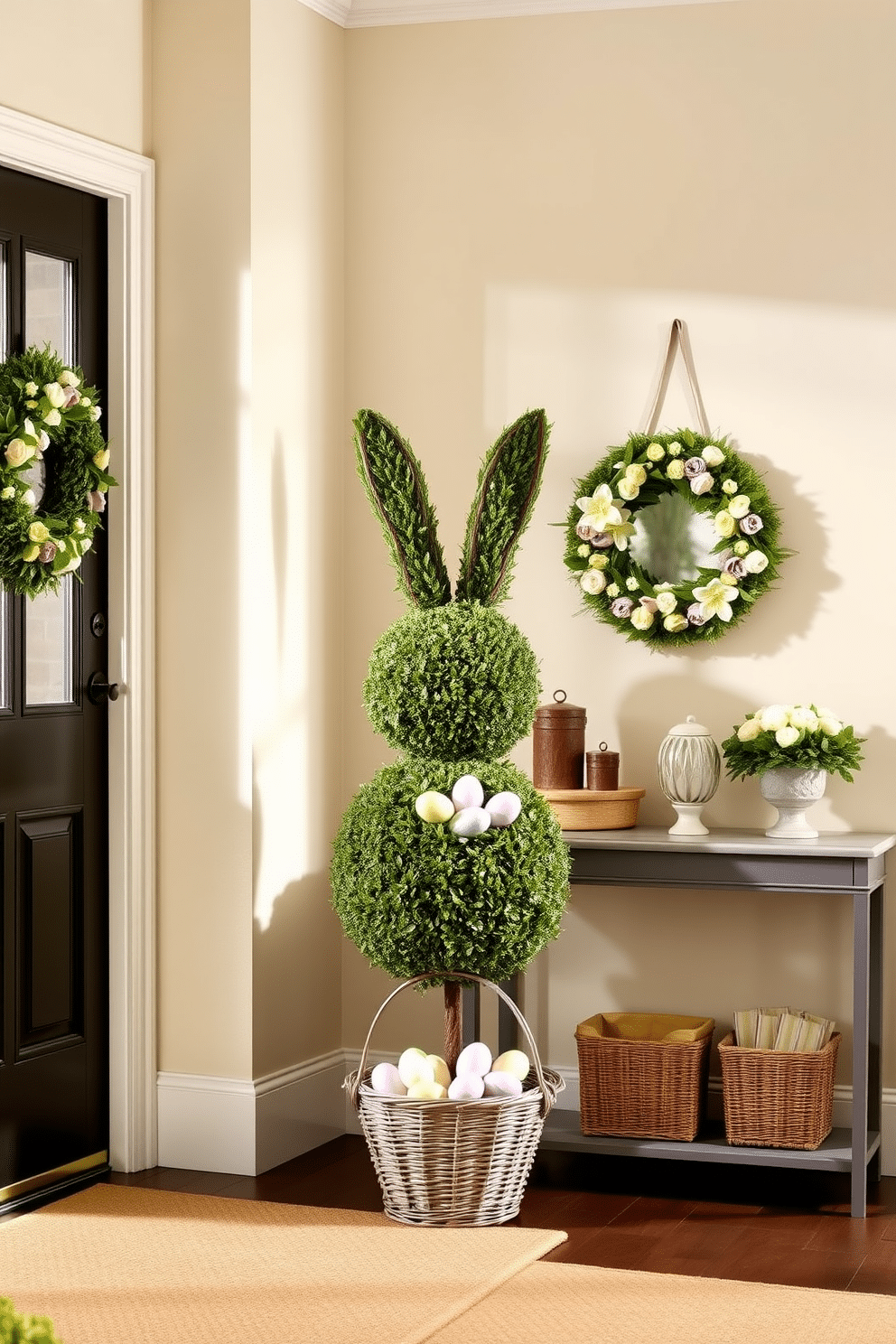 A whimsical entryway adorned with a bunny-shaped topiary, expertly trimmed to create a playful yet elegant focal point. Surrounding the topiary are pastel-colored Easter eggs nestled in a decorative basket, adding a festive touch to the space. The walls of the entryway are painted in a soft, welcoming hue, complemented by a stylish console table topped with seasonal decor. A cheerful wreath featuring spring flowers hangs on the door, inviting guests into a charming Easter-themed atmosphere.