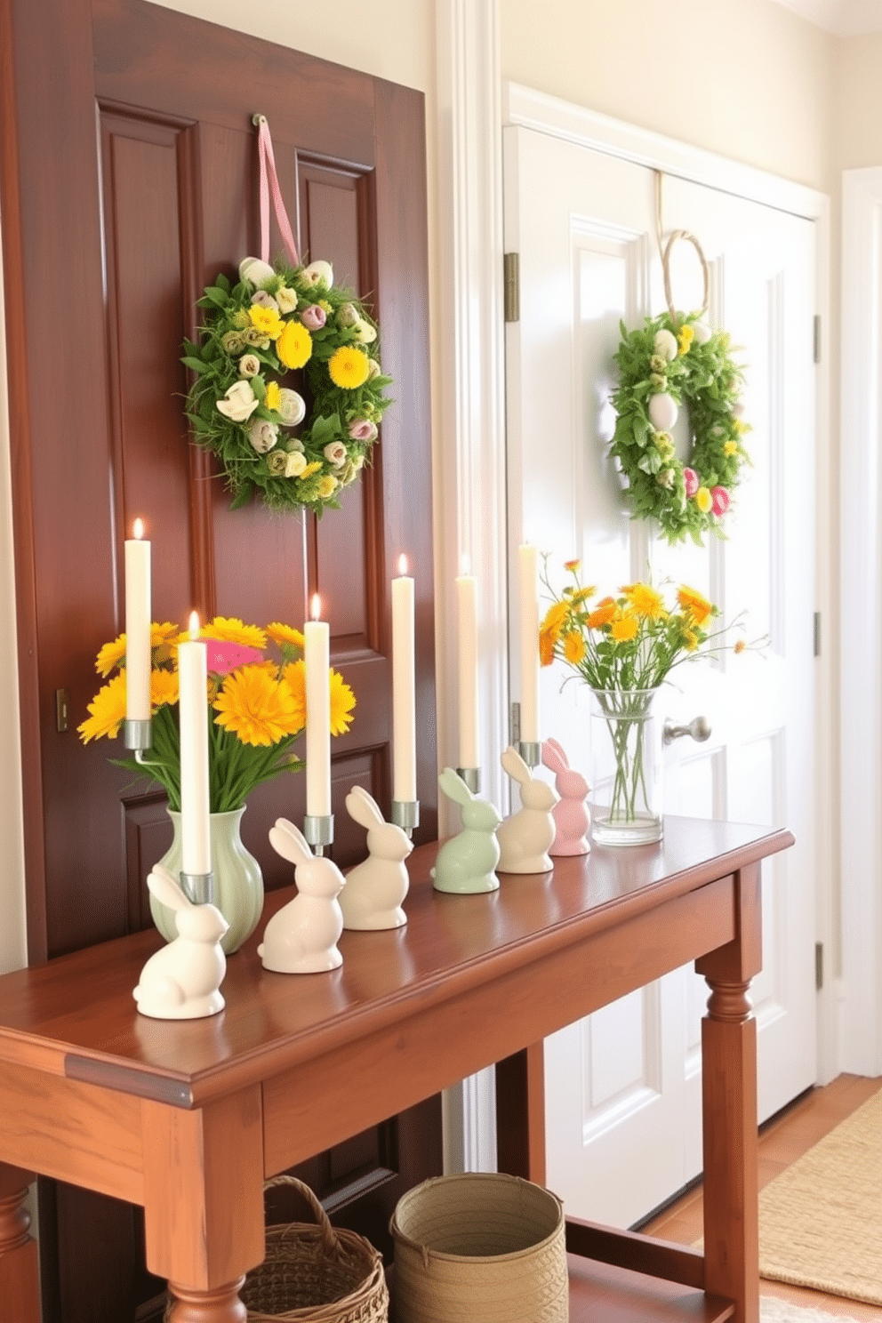 A charming entryway adorned with Easter-themed candle holders. The candle holders are crafted from pastel-colored ceramic in the shapes of bunnies and eggs, arranged on a rustic wooden console table. Brightly colored flowers in a vase complement the festive decor, while a cheerful Easter wreath hangs on the door. Soft, natural light filters through the space, enhancing the warm and inviting atmosphere.