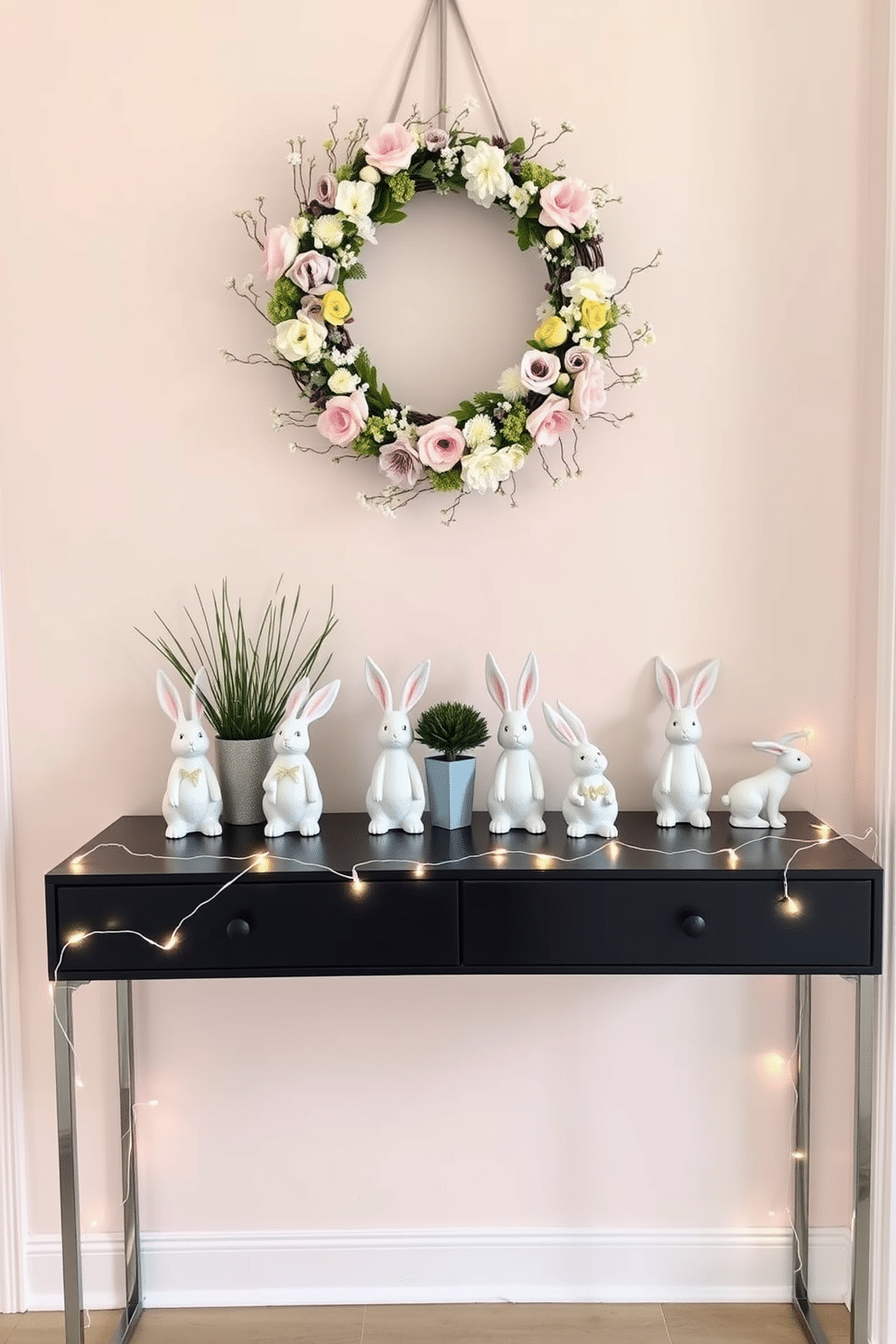 A charming entryway features a sleek console table adorned with whimsical bunny figurines in various poses. The backdrop is a soft pastel-colored wall, complemented by a decorative wreath made of spring flowers hanging above the table. A small potted plant sits beside the bunnies, adding a touch of greenery to the space. Delicate fairy lights are draped along the edge of the console, creating a warm and inviting atmosphere perfect for Easter celebrations.