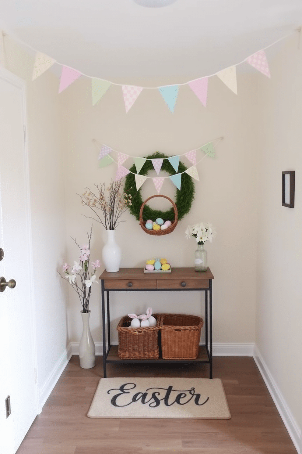 A charming entryway adorned with pastel-colored bunting banners creates a festive atmosphere for Easter. The walls are painted in a soft cream shade, enhancing the lightness of the decorations, while a small console table holds a decorative basket filled with colorful eggs. Floral arrangements in pastel hues are placed on either side of the console, adding a touch of spring. A welcoming doormat with an Easter theme lies at the entrance, inviting guests into the cheerful space.