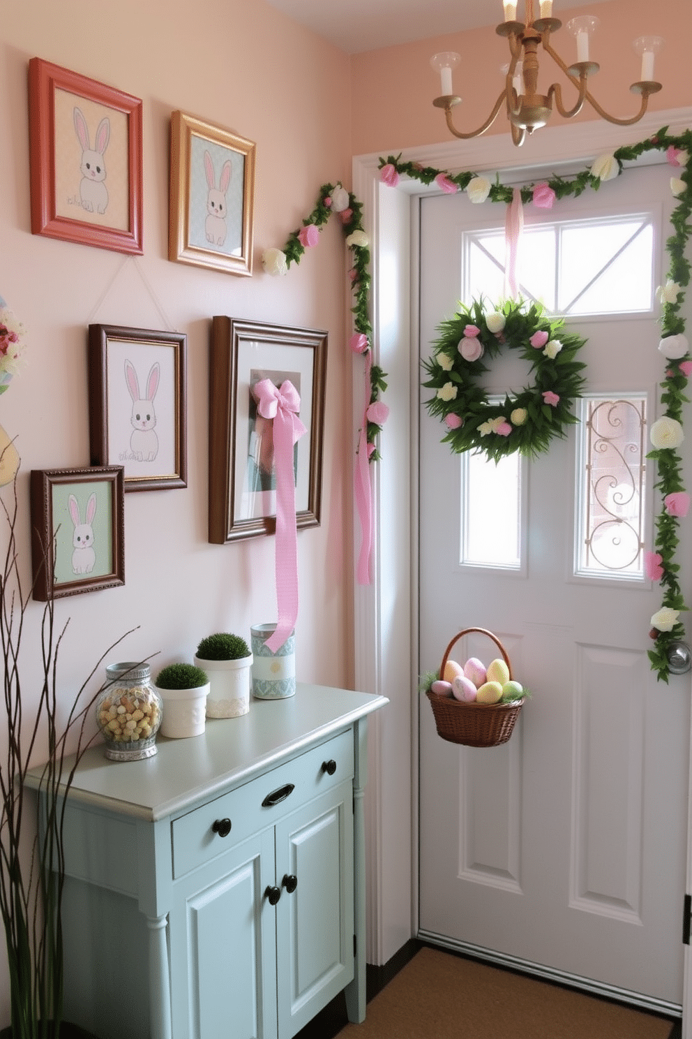 A whimsical entryway adorned with Easter-themed wall art. The walls feature a pastel color palette with framed prints of bunnies and eggs, complemented by garlands of faux flowers and colorful ribbons. A welcoming entryway decorated for Easter with a cheerful wreath on the door. A small console table displays a basket filled with decorative eggs and spring flowers, inviting guests into a festive atmosphere.