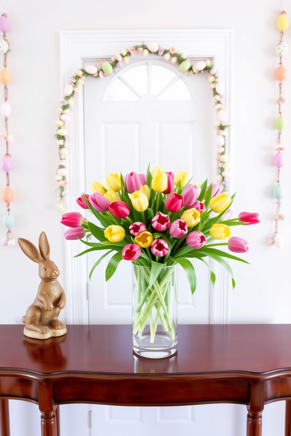 A vibrant fresh tulip bouquet in a clear glass vase sits elegantly on a polished wooden console table. The entryway is adorned with pastel-colored Easter decorations, including a charming bunny figurine and colorful egg garlands draped along the walls.